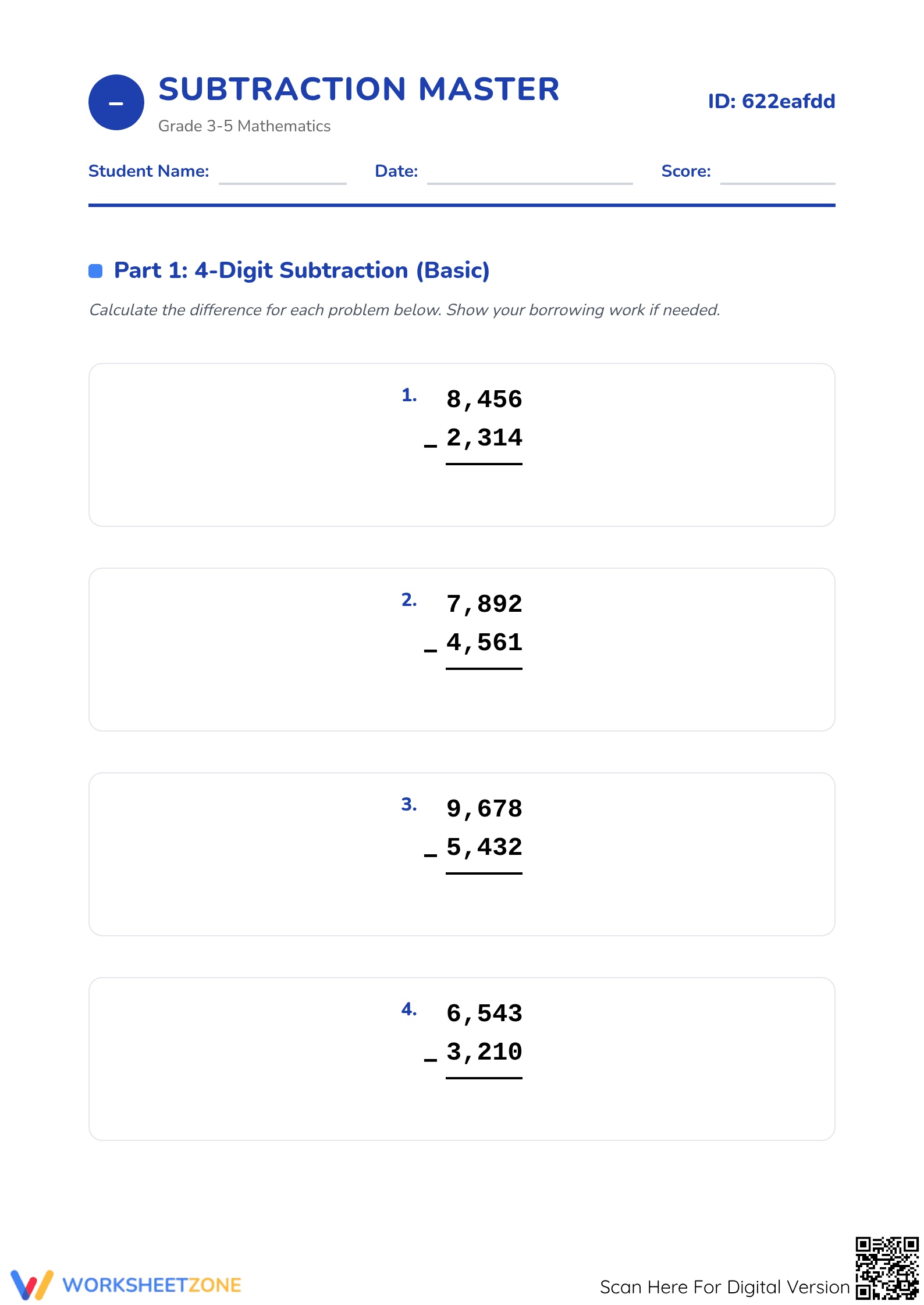 Printable 4-Digit Subtraction Worksheet | Grade 4 Math - Page 1