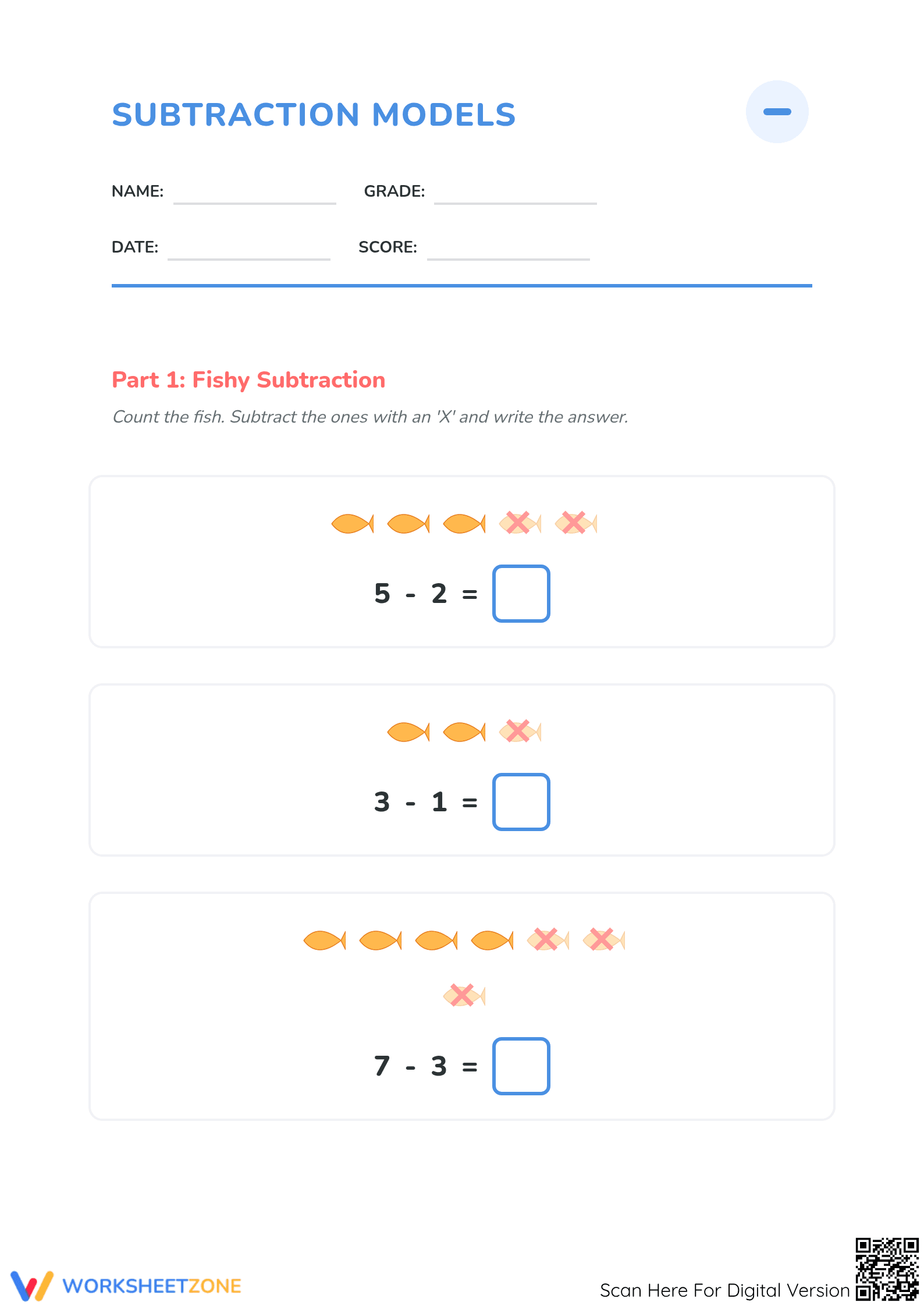 Grade 1 Subtraction — Printable No-Prep Worksheet - Page 1