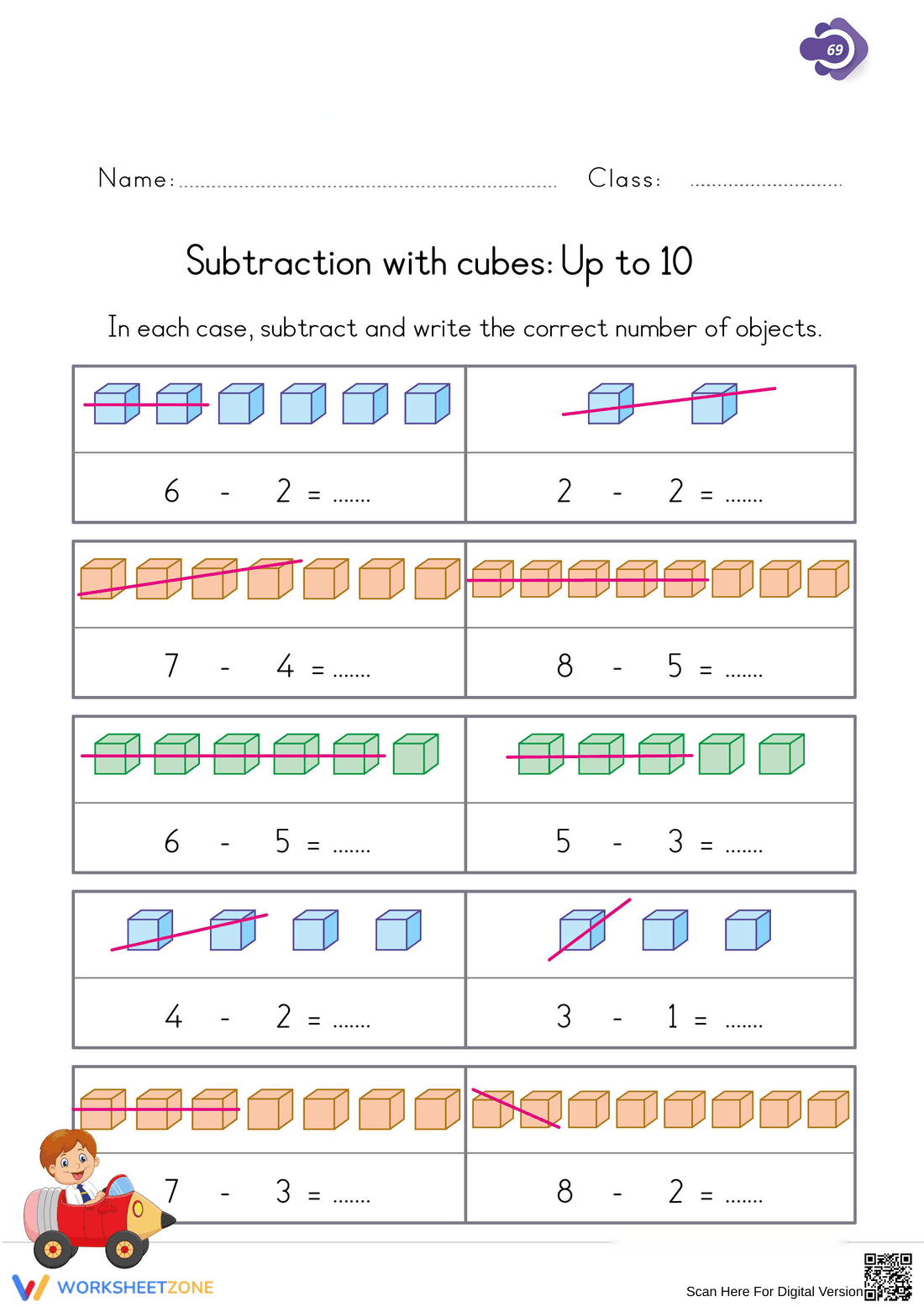Subtraction with Cubes Worksheet - Page 1