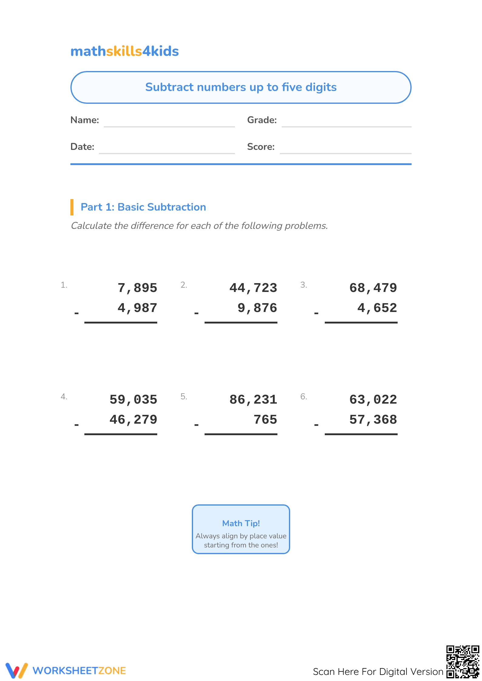 Essential 5-Digit Subtraction Worksheet | Grade 4 Math - Page 1