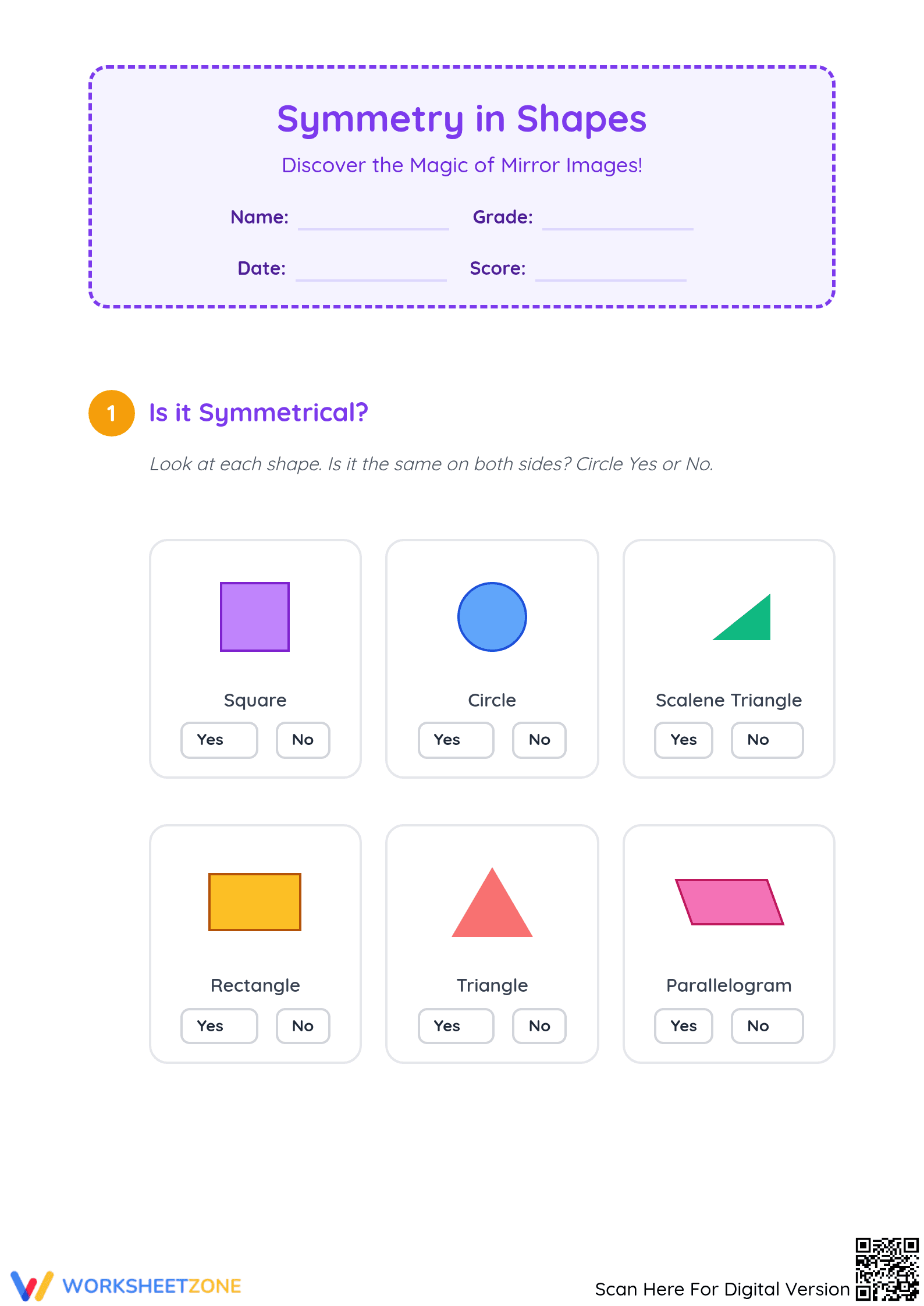 Grade 2 Symmetry — Printable No-Prep Worksheet - Page 1