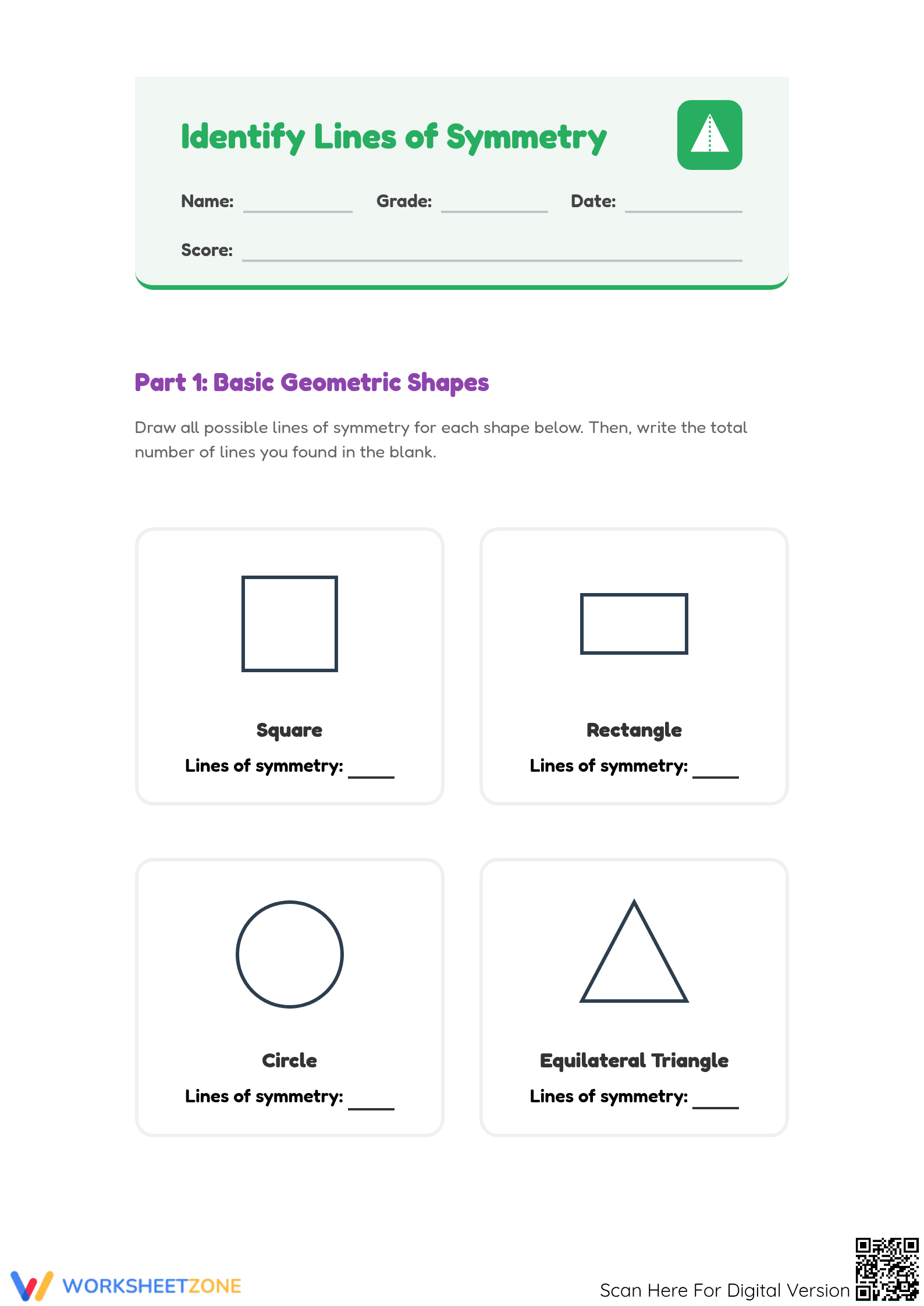 Grade 4 Lines of Symmetry — Printable No-Prep Worksheet - Page 1