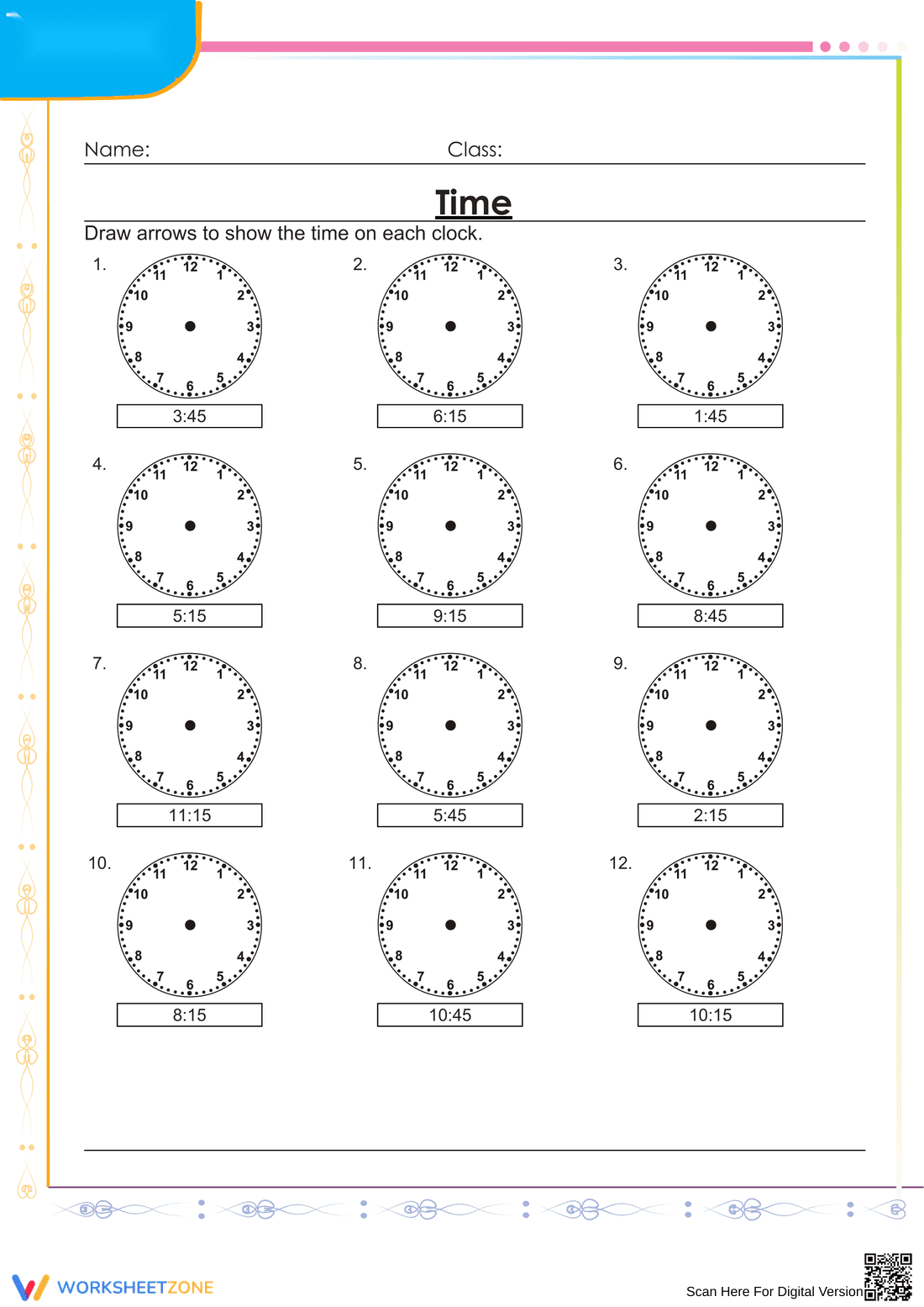 Grade 2 Telling Time — Printable No-Prep Worksheet - Page 1