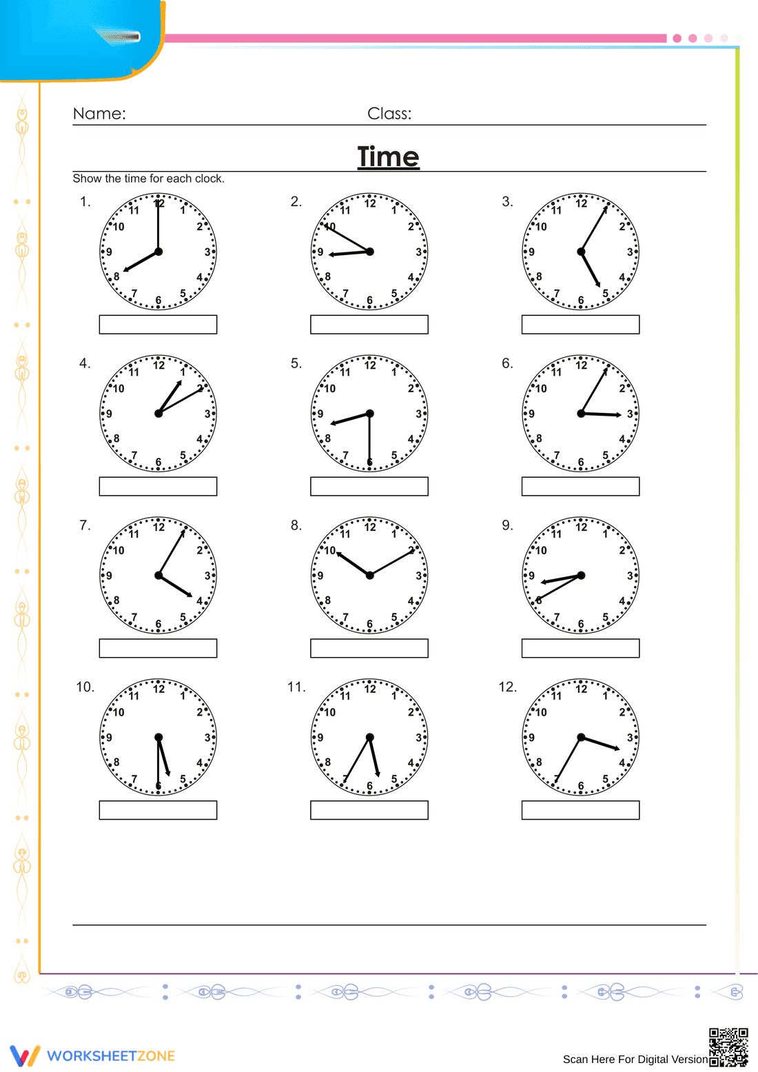 Printable Telling Time to 5 Minutes Worksheet | Grade 2 Math - Page 1
