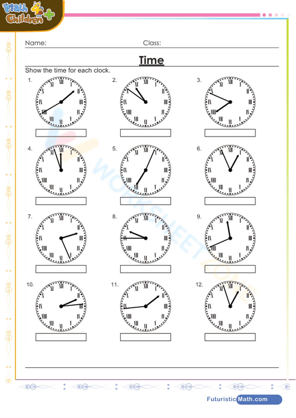 Ready Grade 3 Time Worksheet: Roman Numeral Clocks - Page 1