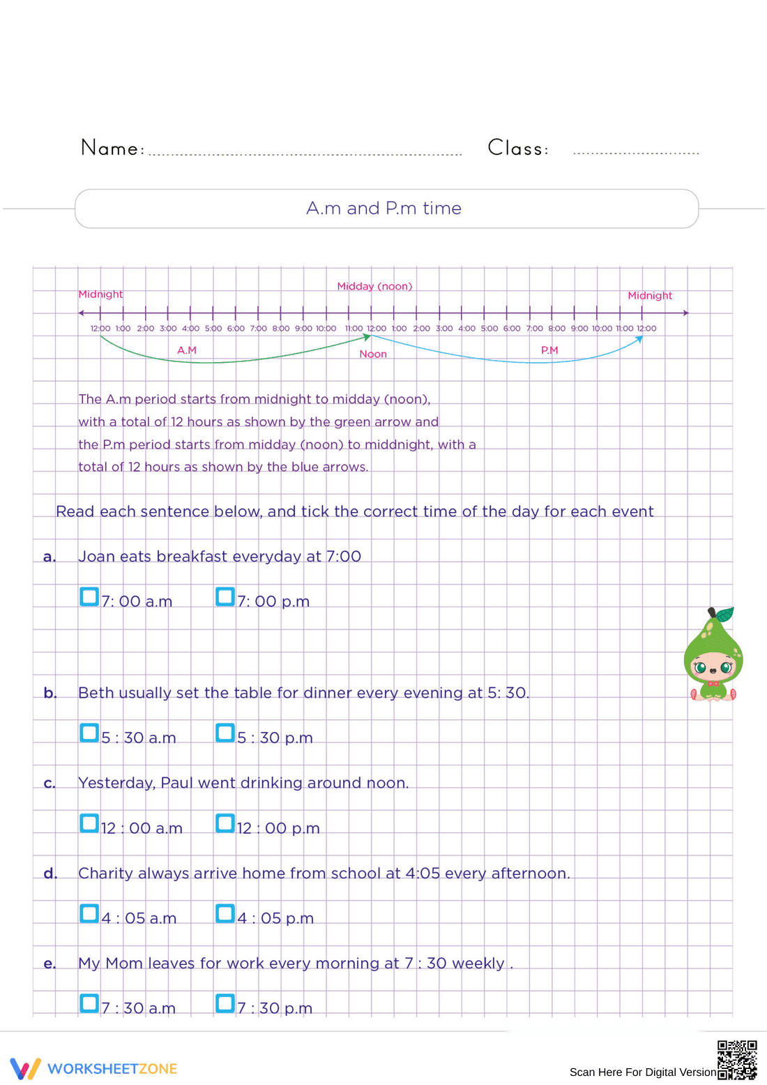 Grade 2 A.M. and P.M. Time — Printable No-Prep Worksheet - Page 1