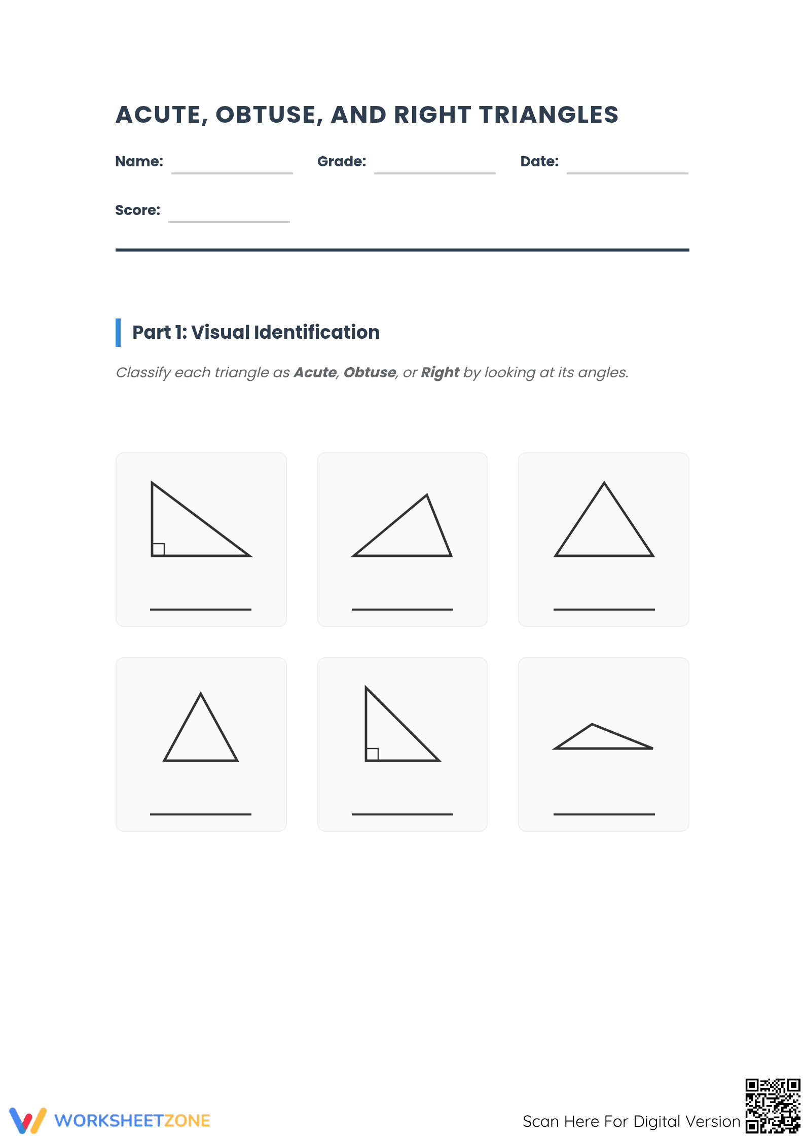 Acute, Obtuse, and Right Triangles Worksheet | Grade 4 Ready - Page 1