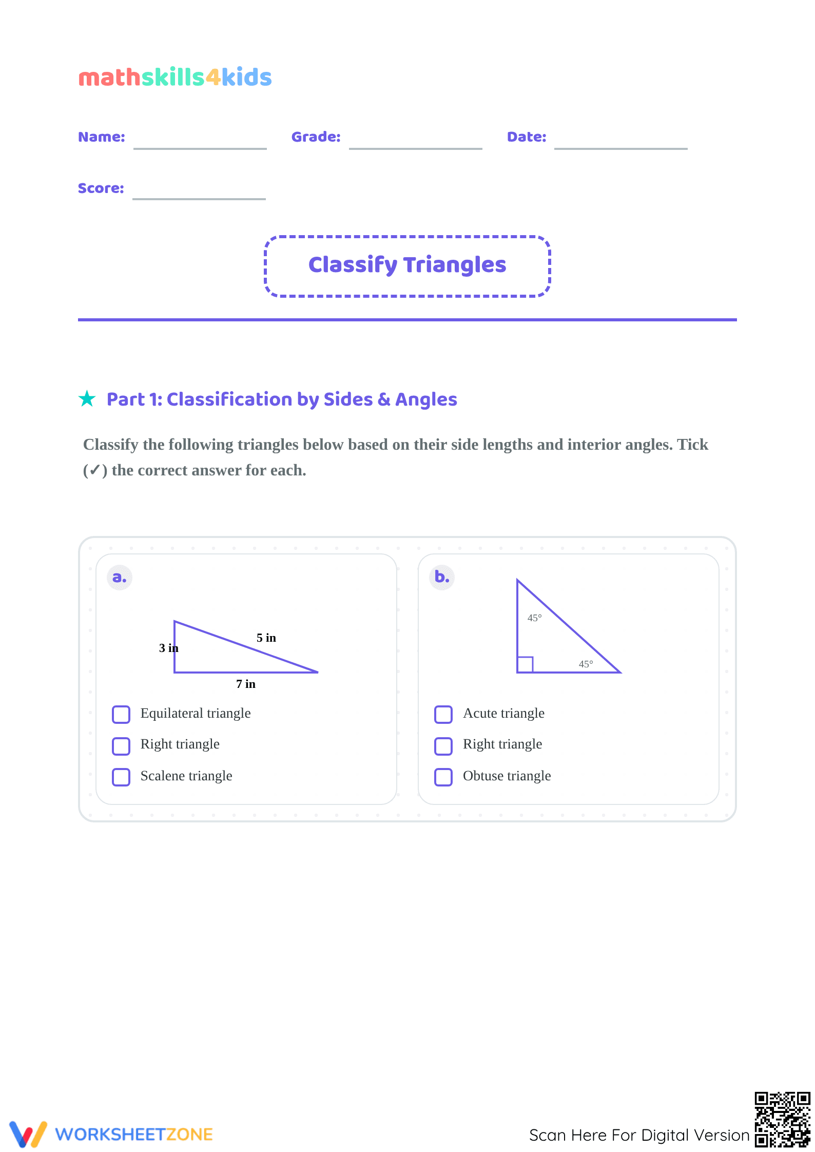 Grade 4 Triangles — Printable No-Prep Worksheet - Page 1