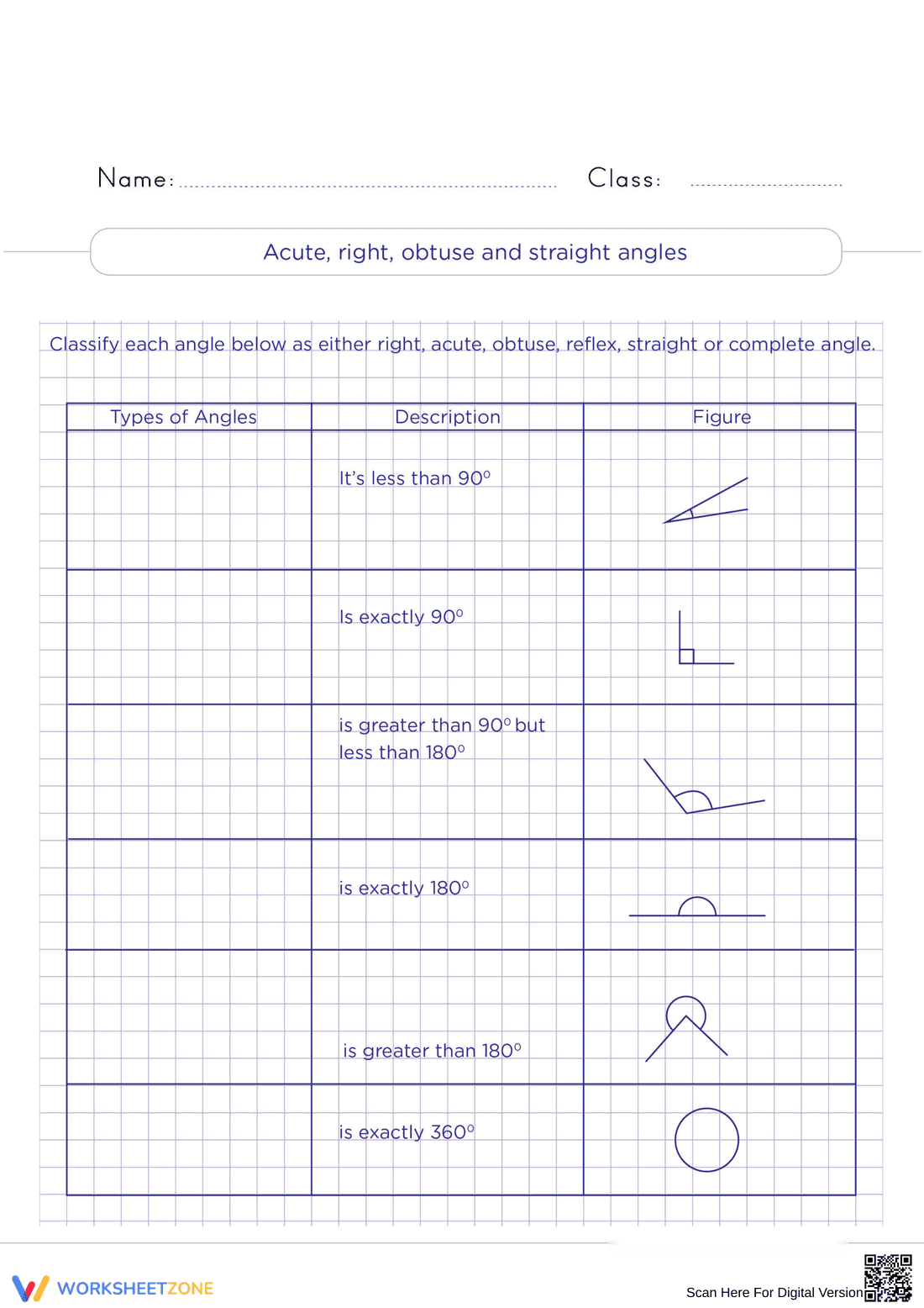 Acute, Right, Obtuse, and Straight Angles - Page 1