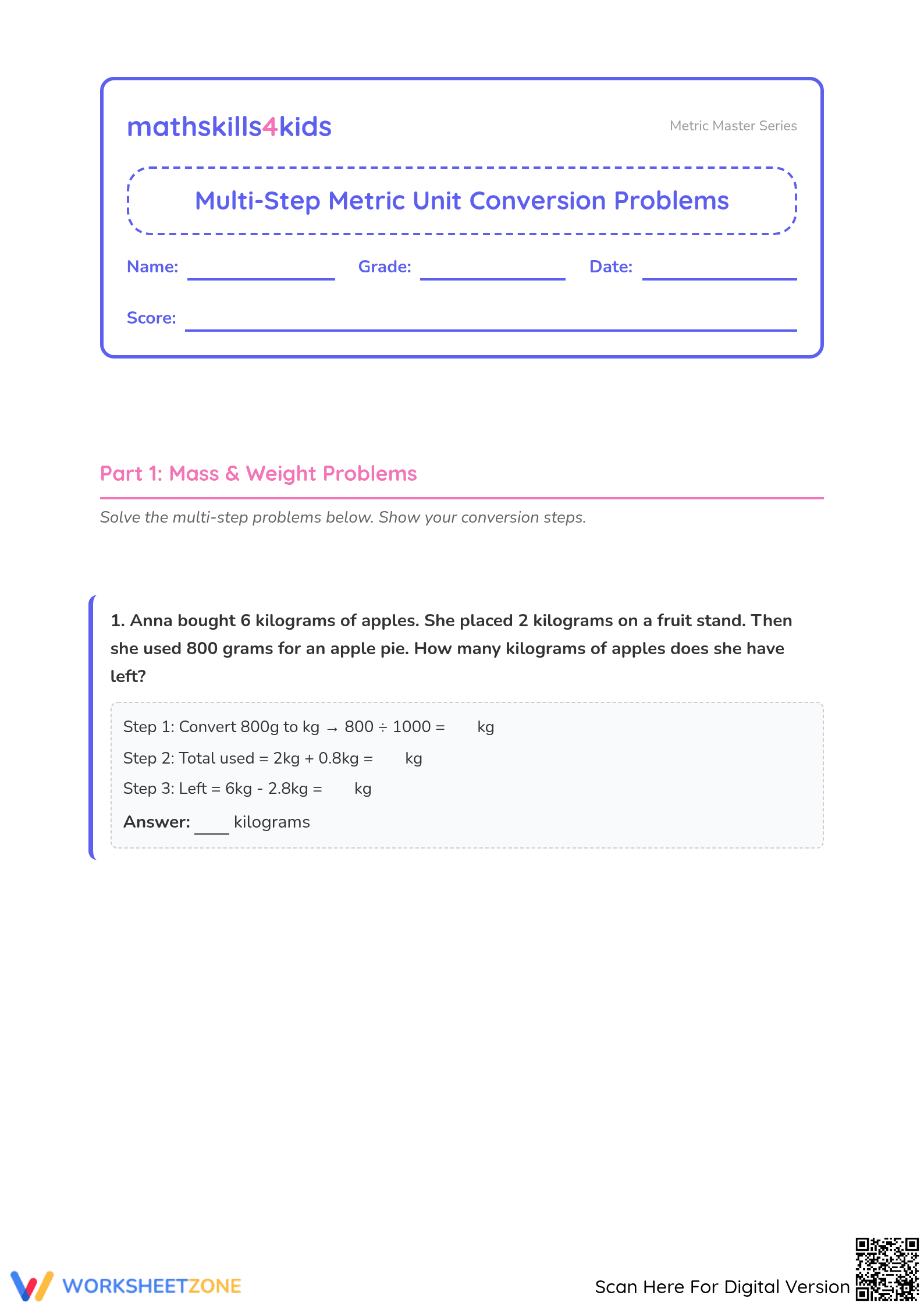 5.MD.A.1 Worksheet: Metric Conversions — Grade 5 Aligned - Page 1