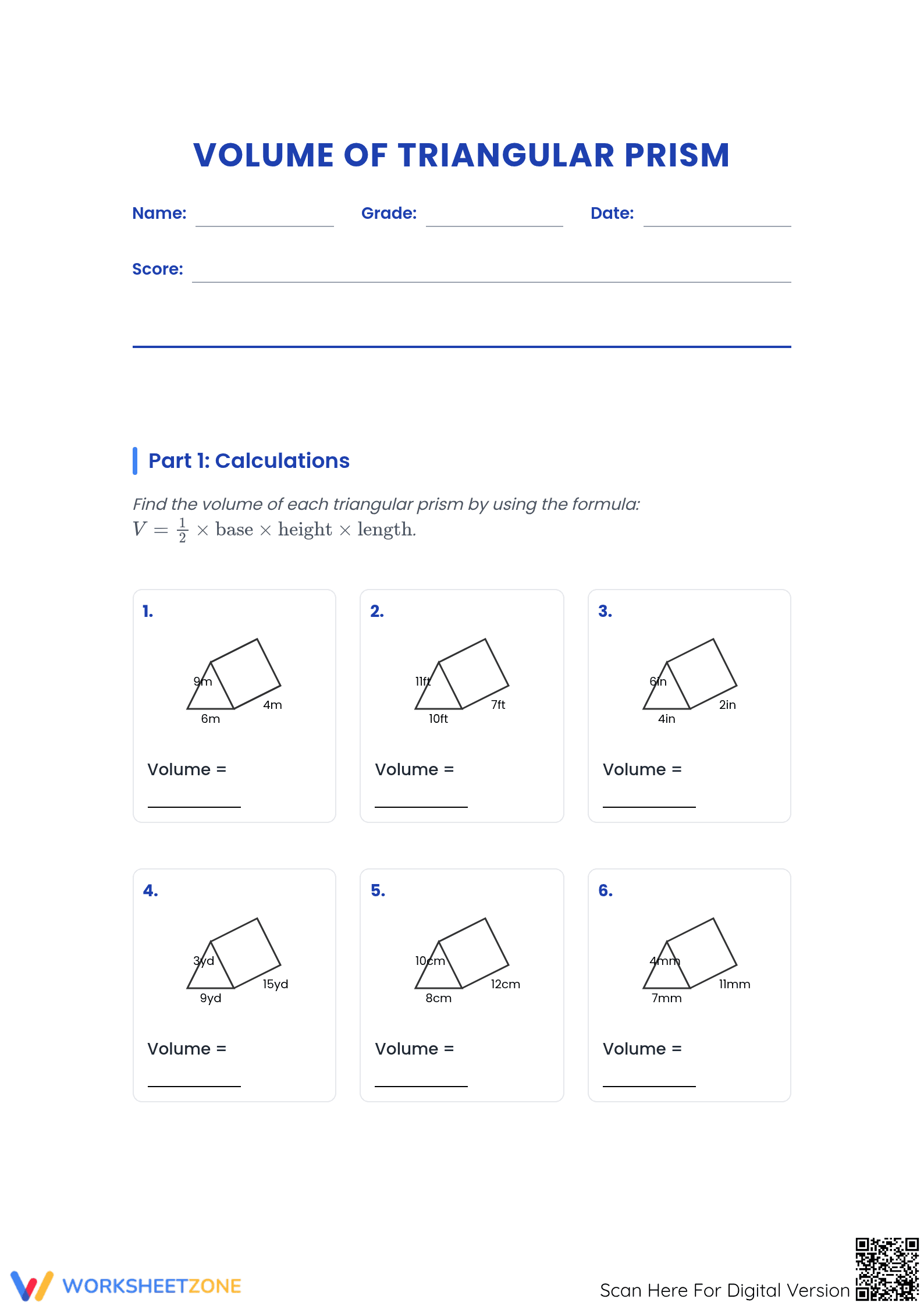 Essential Volume of Triangular Prism Worksheet | Grade 7 - Page 1