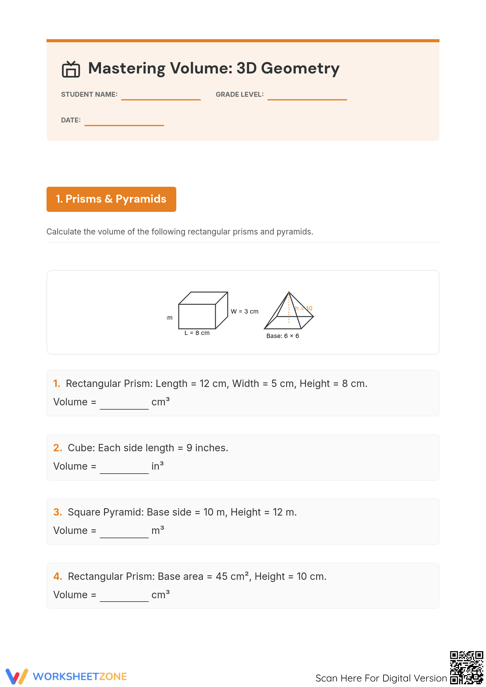 Printable Volume Worksheet | Grade 8 Geometry - Page 1