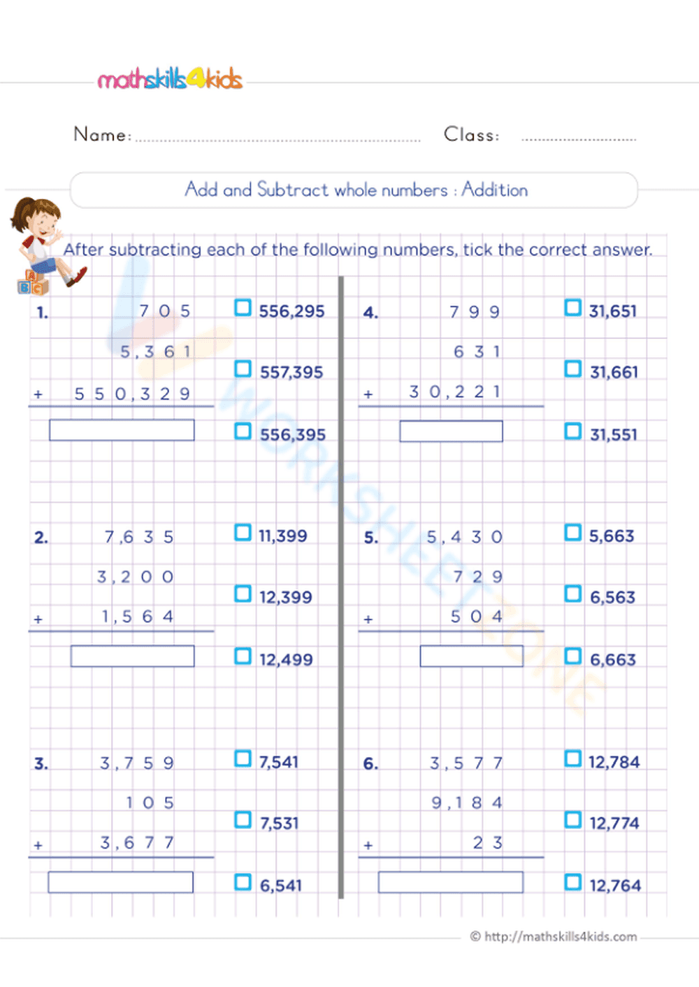 Add and Subtract Whole Numbers Practice - Page 1