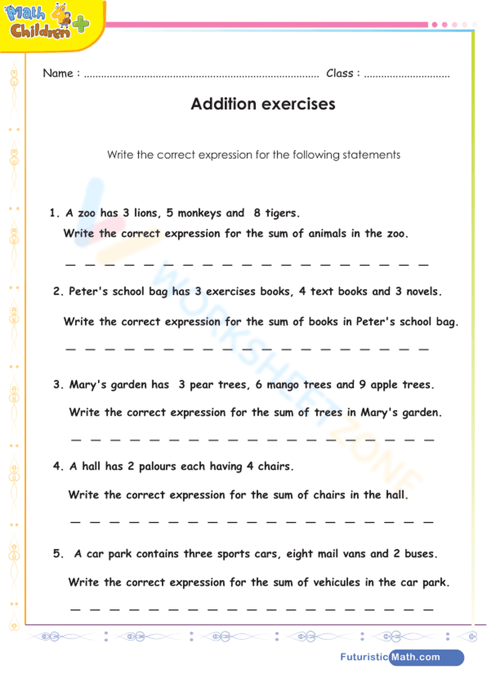 Addition Exercises Worksheet for Kids - Page 1