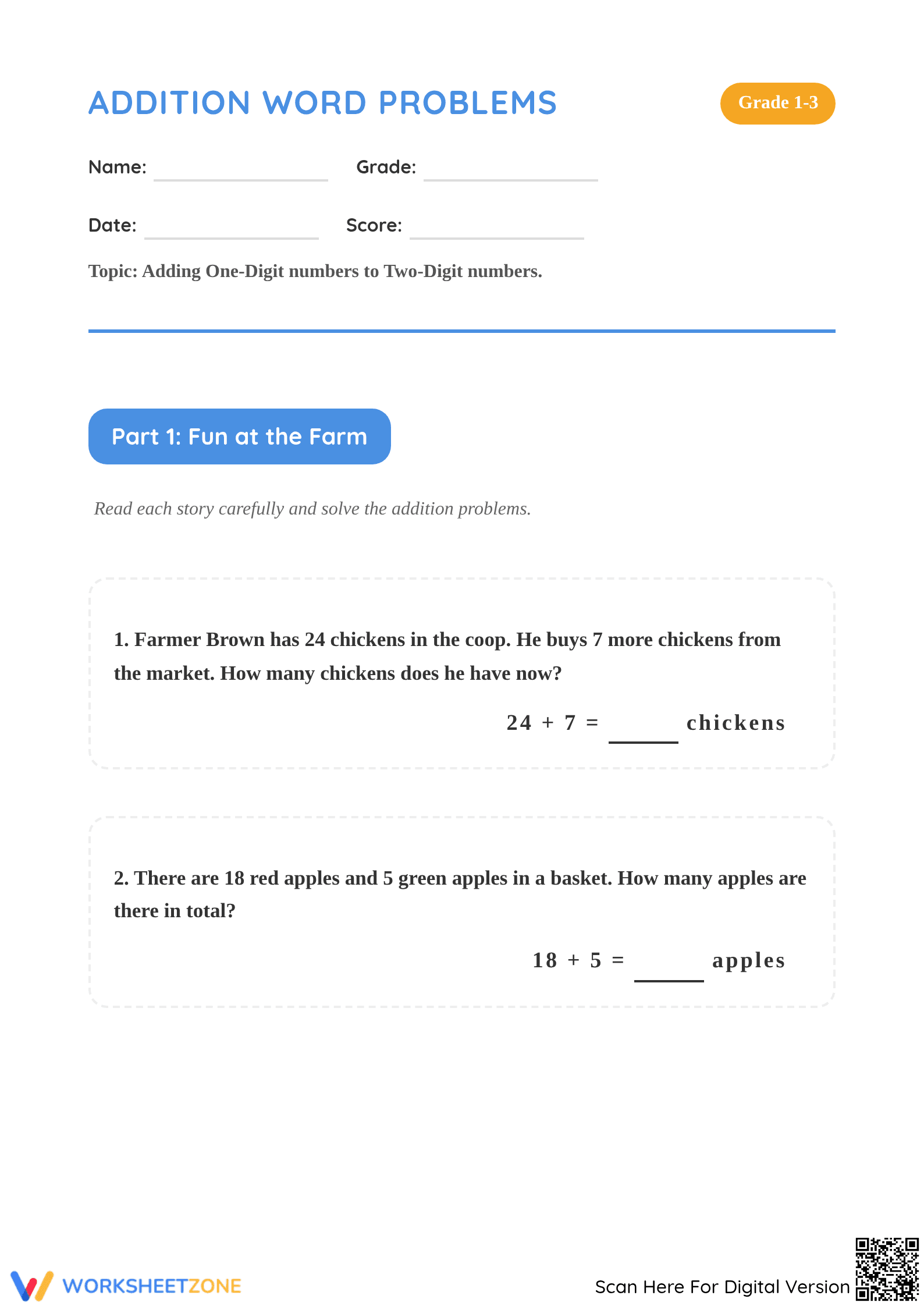 Printable Addition Word Problems Worksheet | Grade 2 Math - Page 1