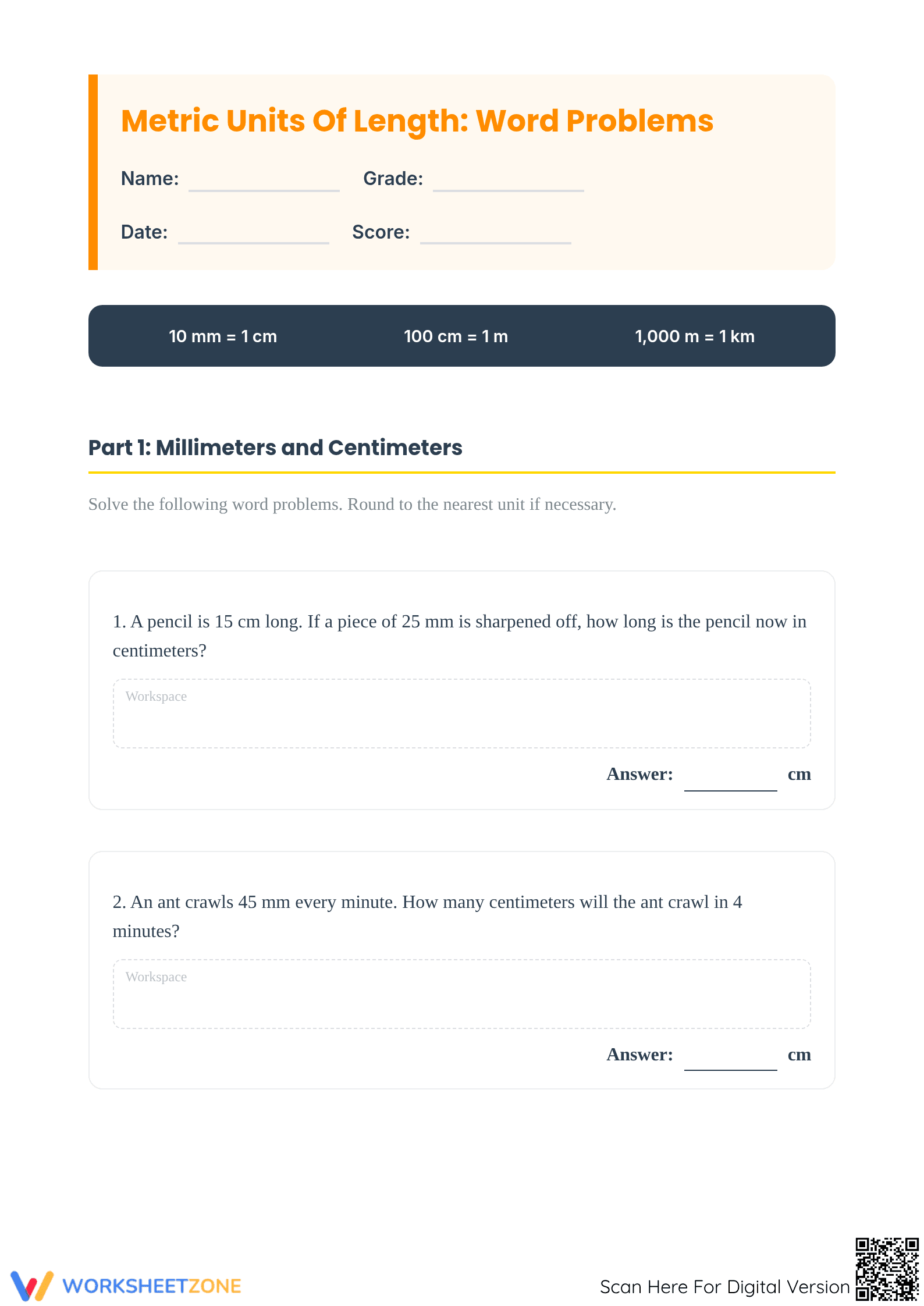 Printable Metric Word Problems Worksheet | Grade 4 Math - Page 1