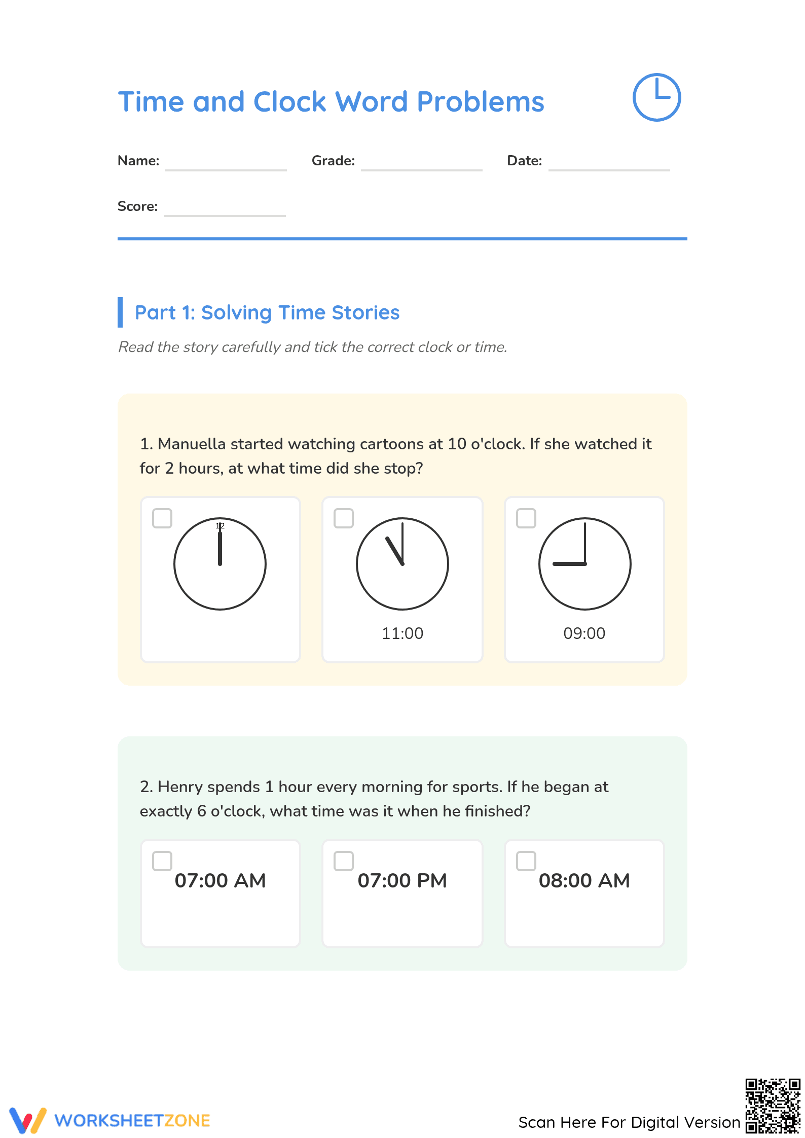 Grade 3 Time Word Problems — Printable No-Prep Worksheet - Page 1