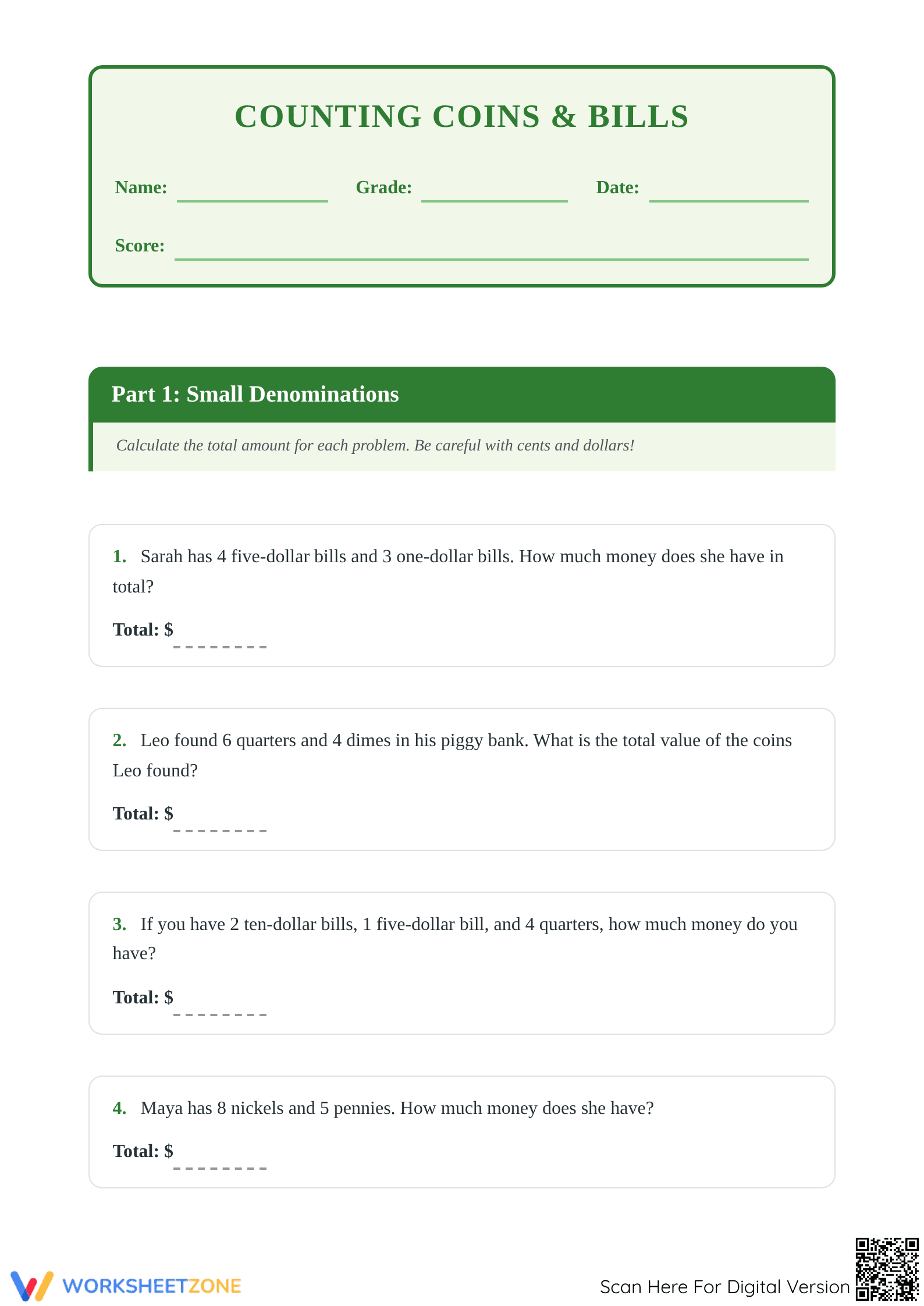 2.MD.C.8 Worksheet: Money Word Problems — Grade 2 Aligned - Page 1