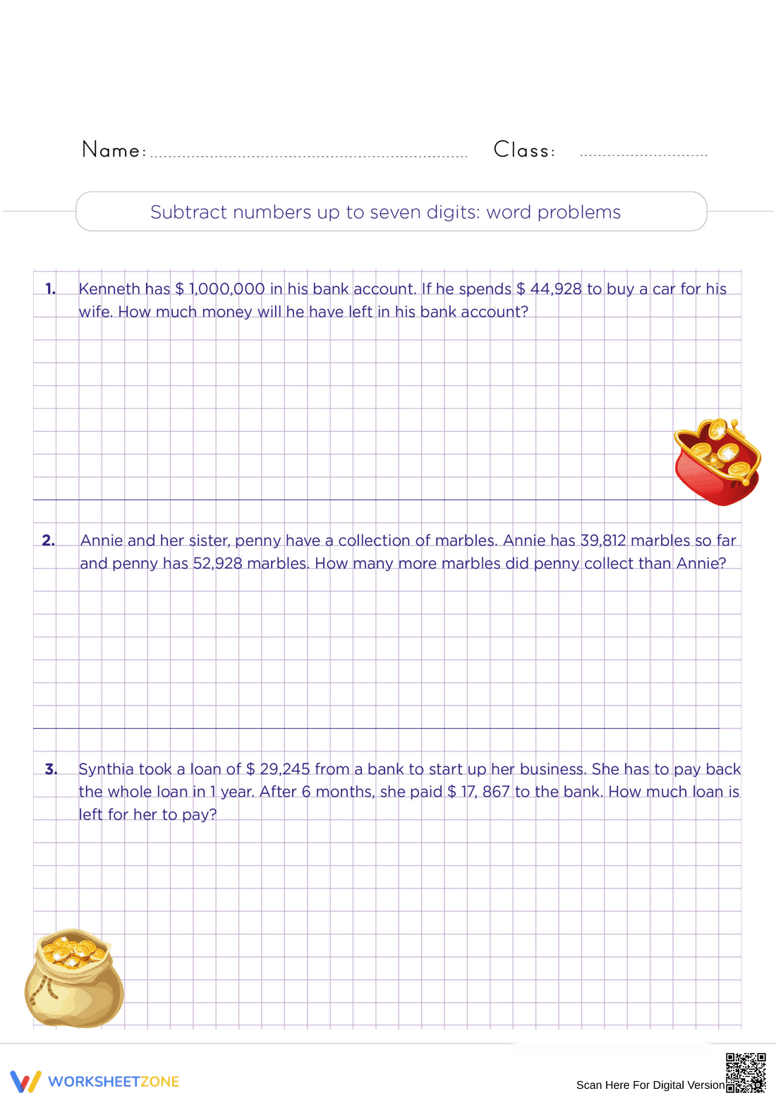 Subtract Numbers Up To Seven Digits: Word Problems - Page 1