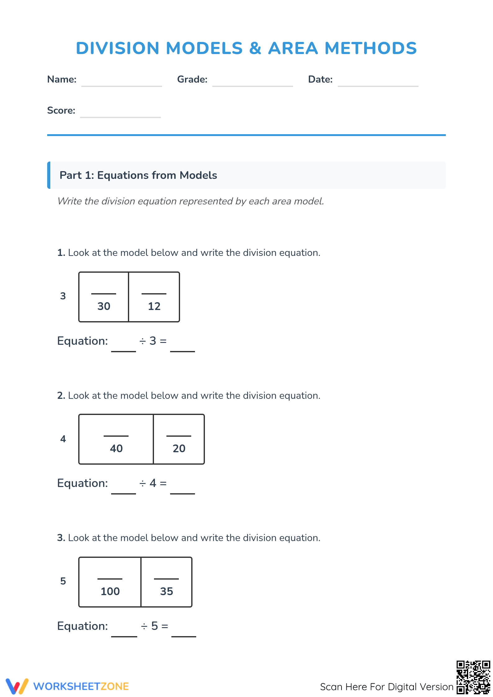 Printable Division Models Worksheet | Grade 3 Math - Page 1