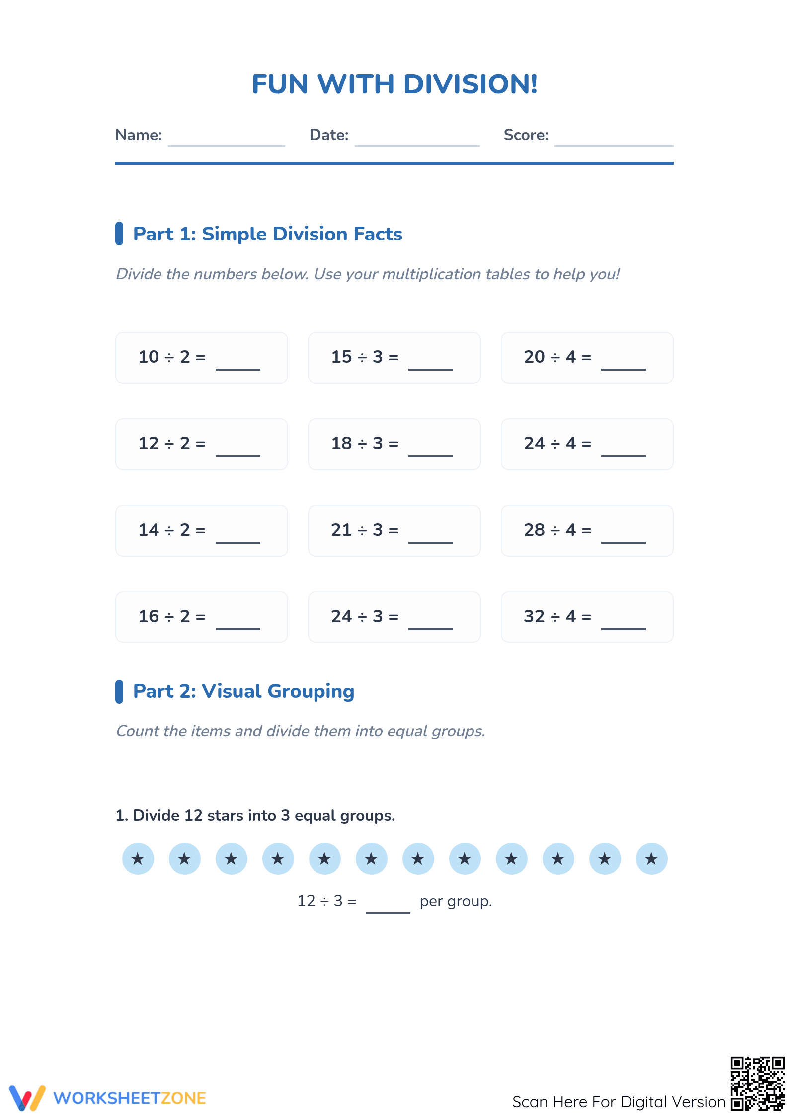 Grade 3 Division — Printable No-Prep Worksheet - Page 1