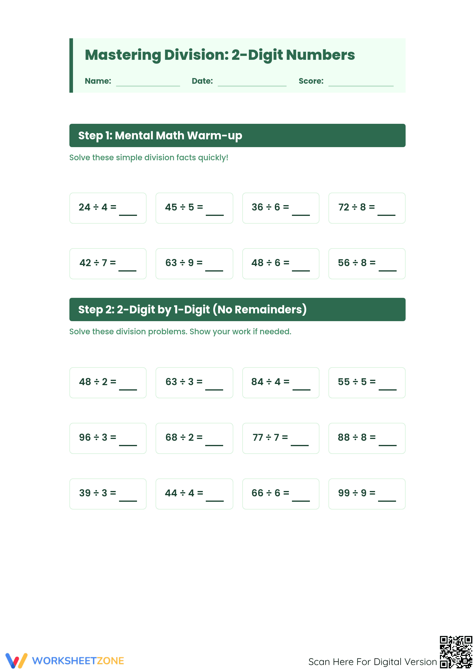 Grade 4 Division — Printable No-Prep Worksheet - Page 1