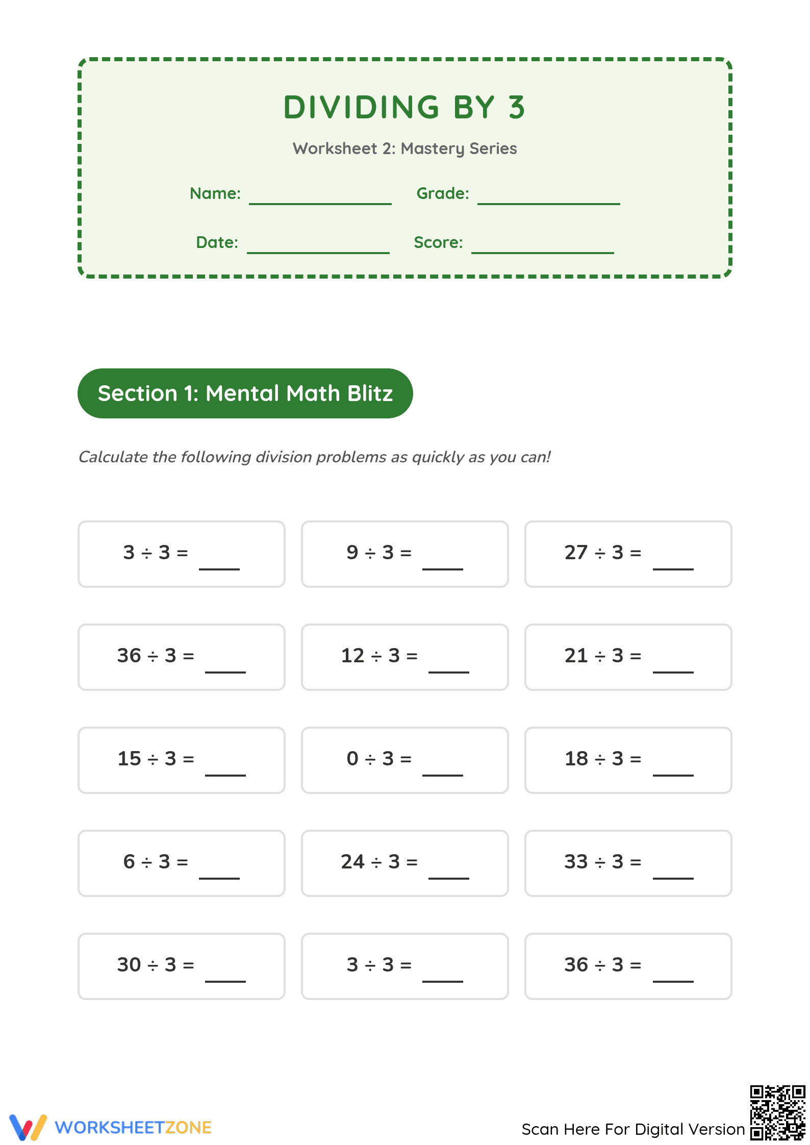 Grade 3 Division — Printable No-Prep Worksheet - Page 1