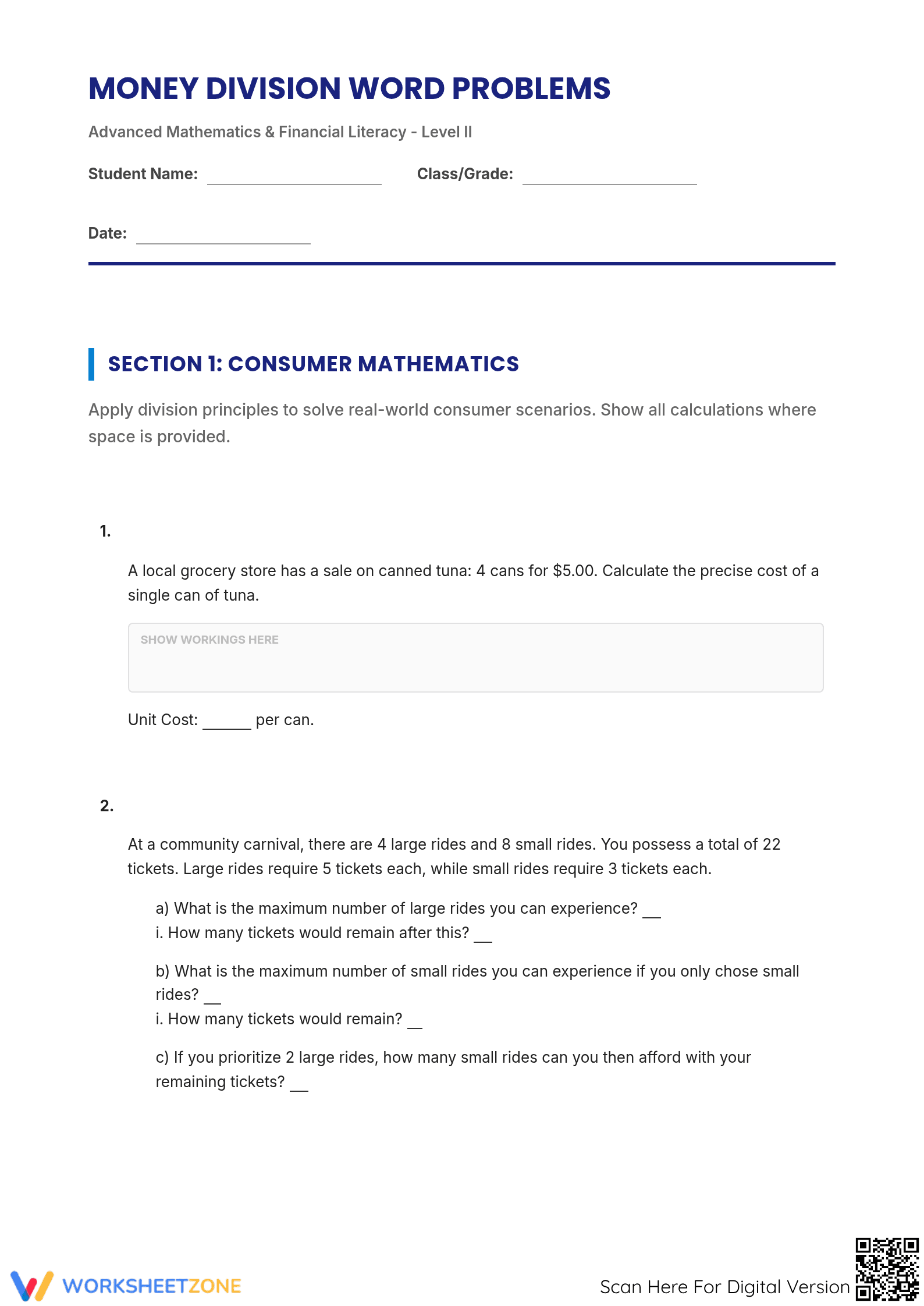 Grade 7 Division — Printable No-Prep Worksheet - Page 1