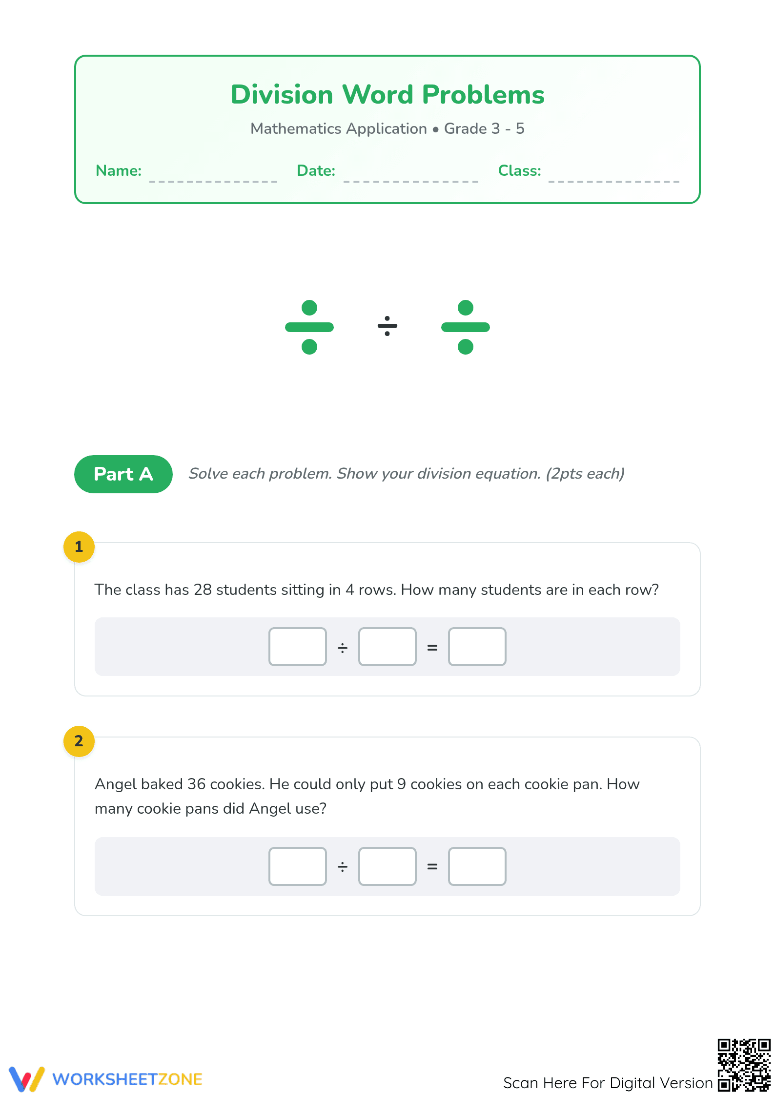 Grade 3 Division — Printable No-Prep Worksheet - Page 1