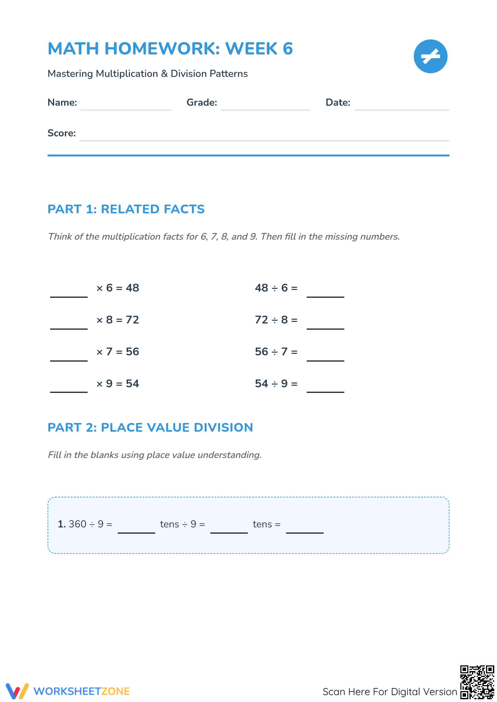 Printable Long Division Worksheet | Grade 4 Math - Page 1