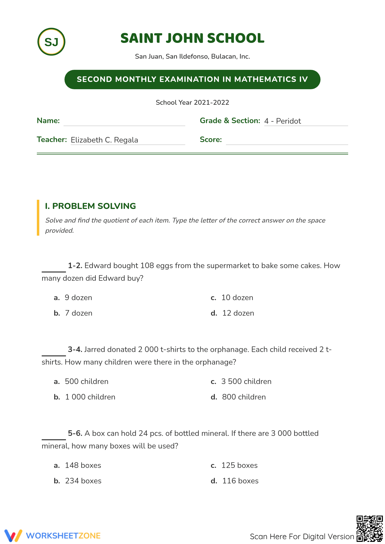 Grade 4 Math Exam Worksheet: CCSS.MATH.CONTENT.4.NBT.B.6 Aligned - Page 1