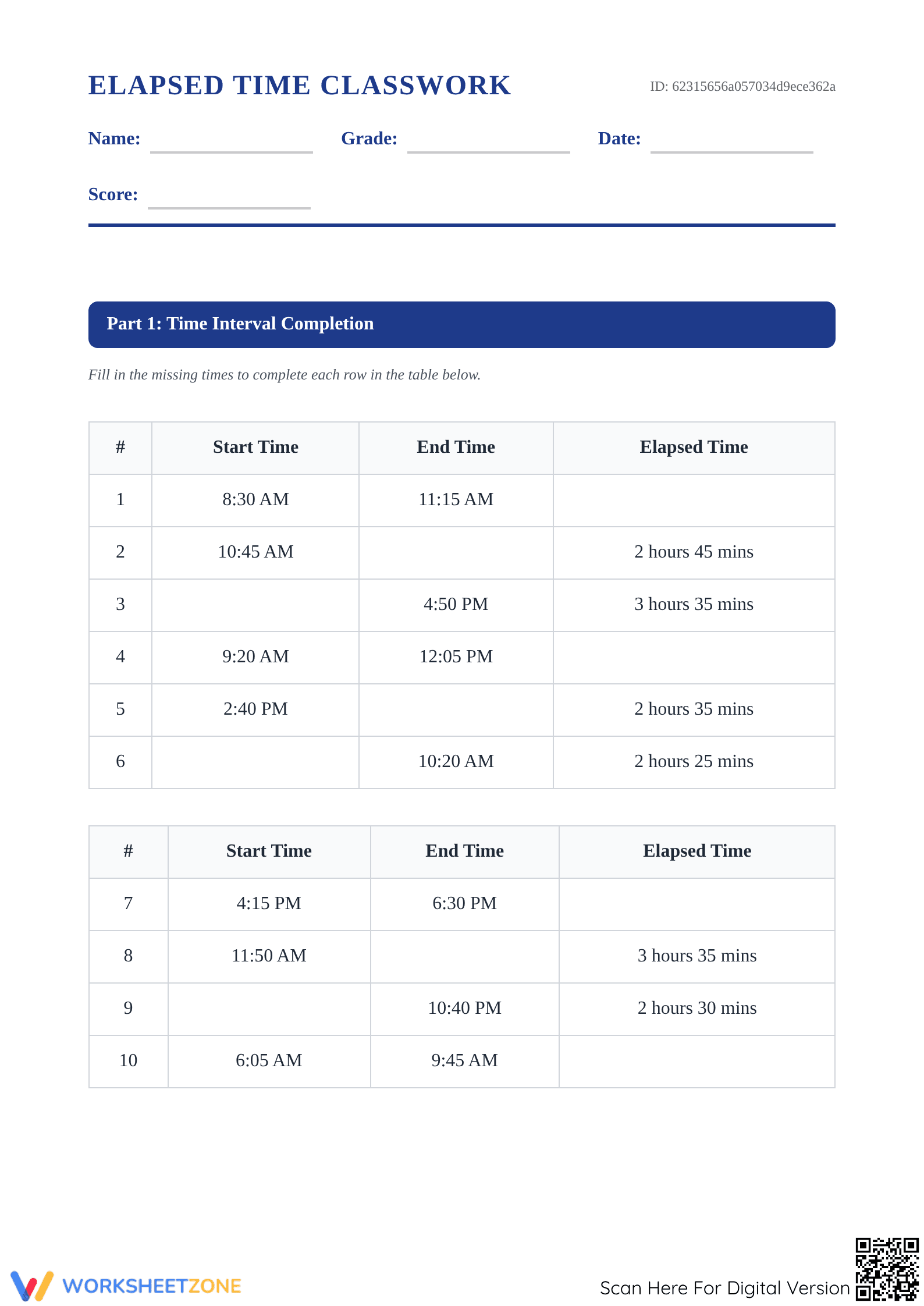 Printable Elapsed Time Worksheet | Grade 4 Math - Page 1