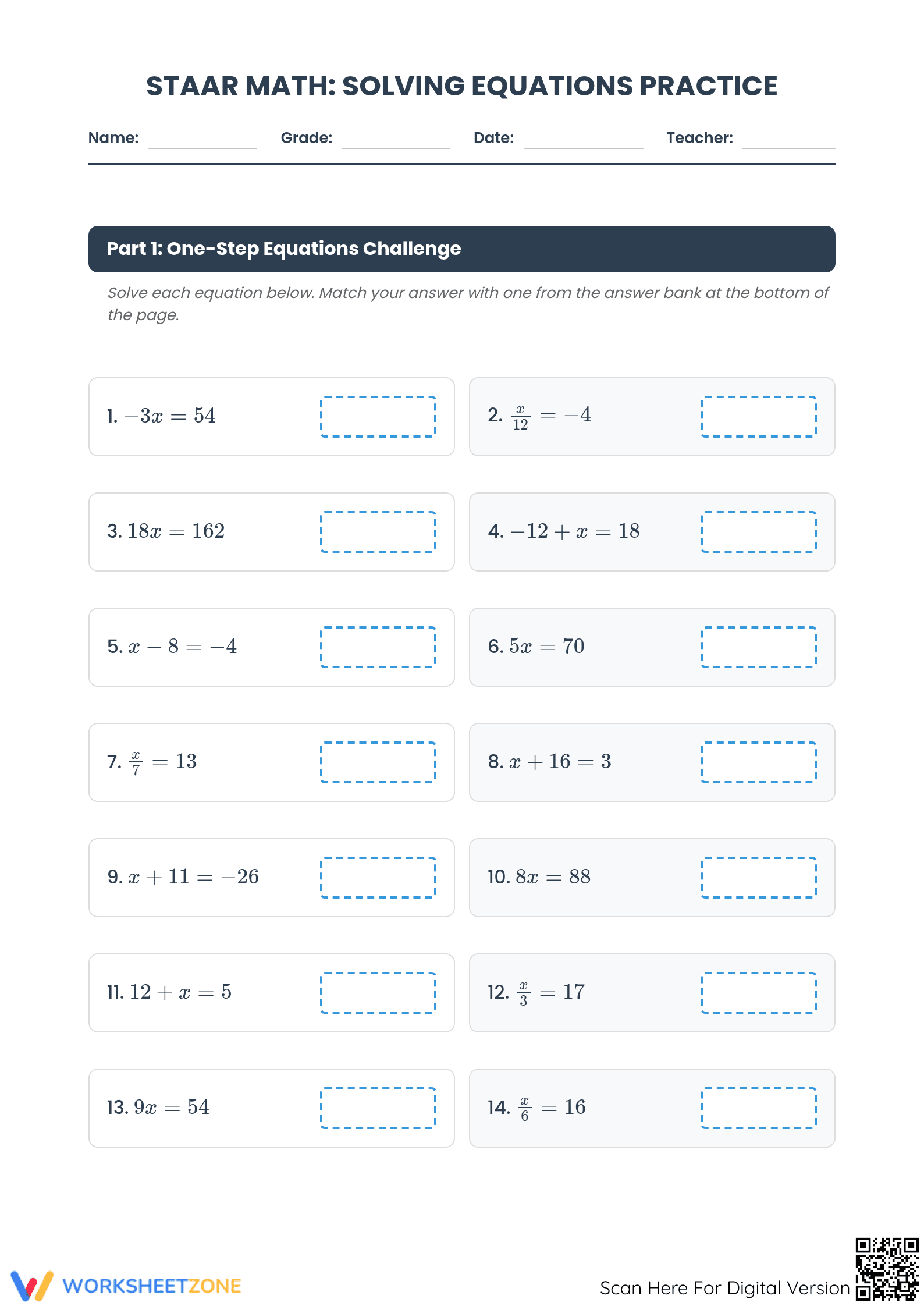 TEKS 7.11A Worksheet: Solving Equations — Grade 7 Aligned - Page 1