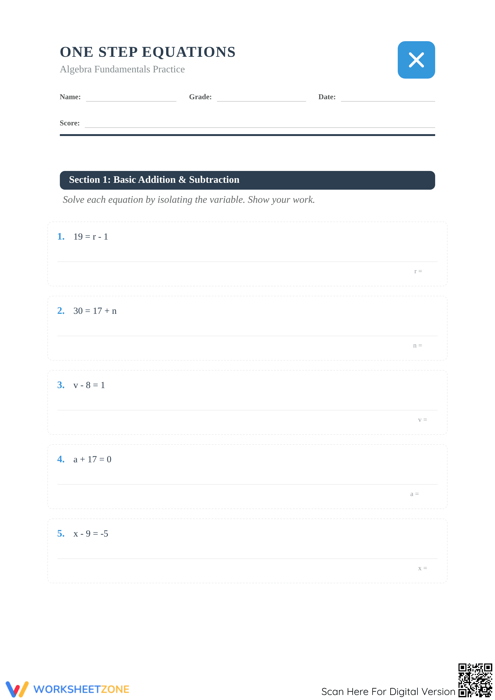 Printable One-Step Equations Worksheet | Grade 7 Math - Page 1