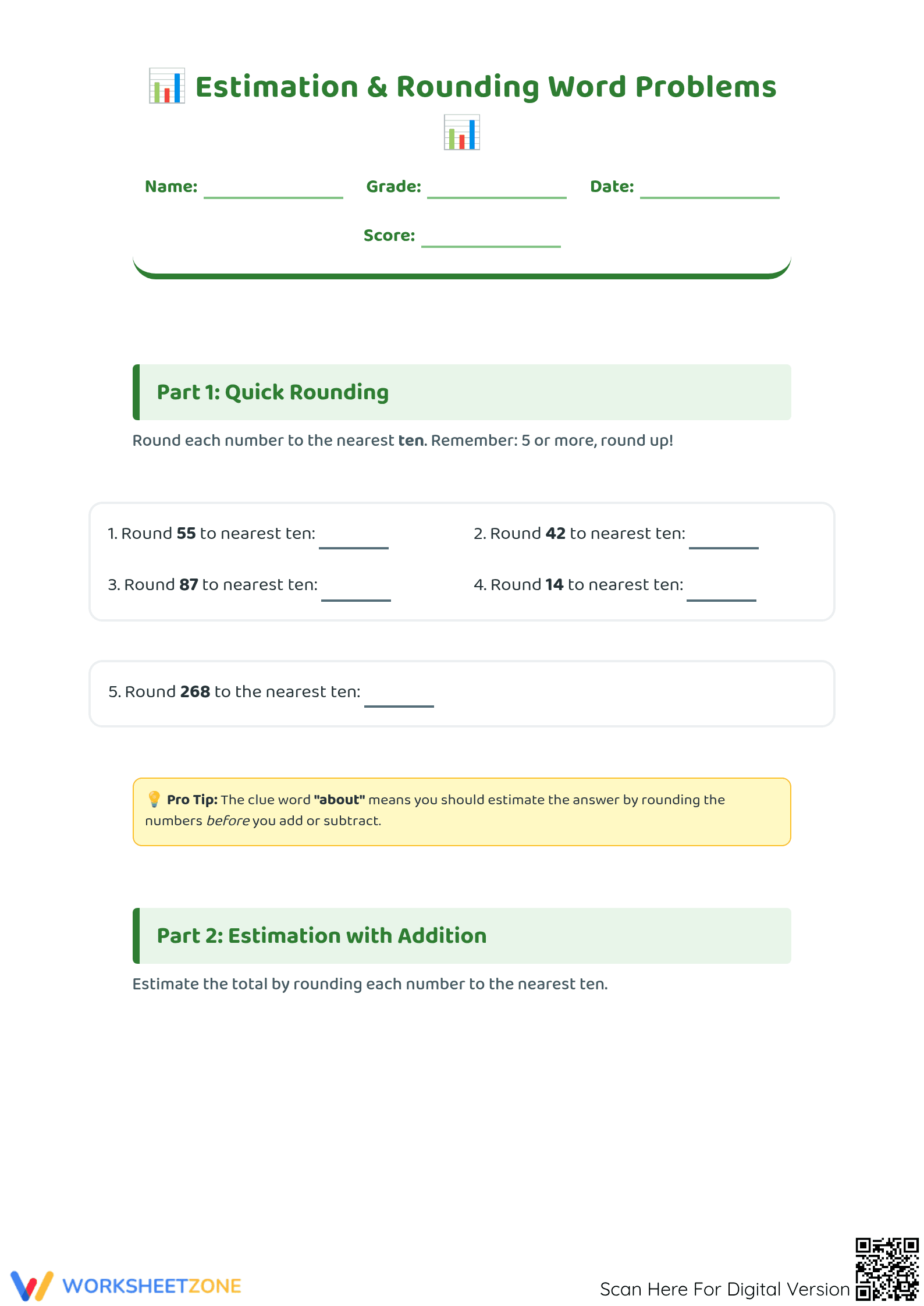 Grade 3 Rounding Word Problems — Printable No-Prep Worksheet - Page 1