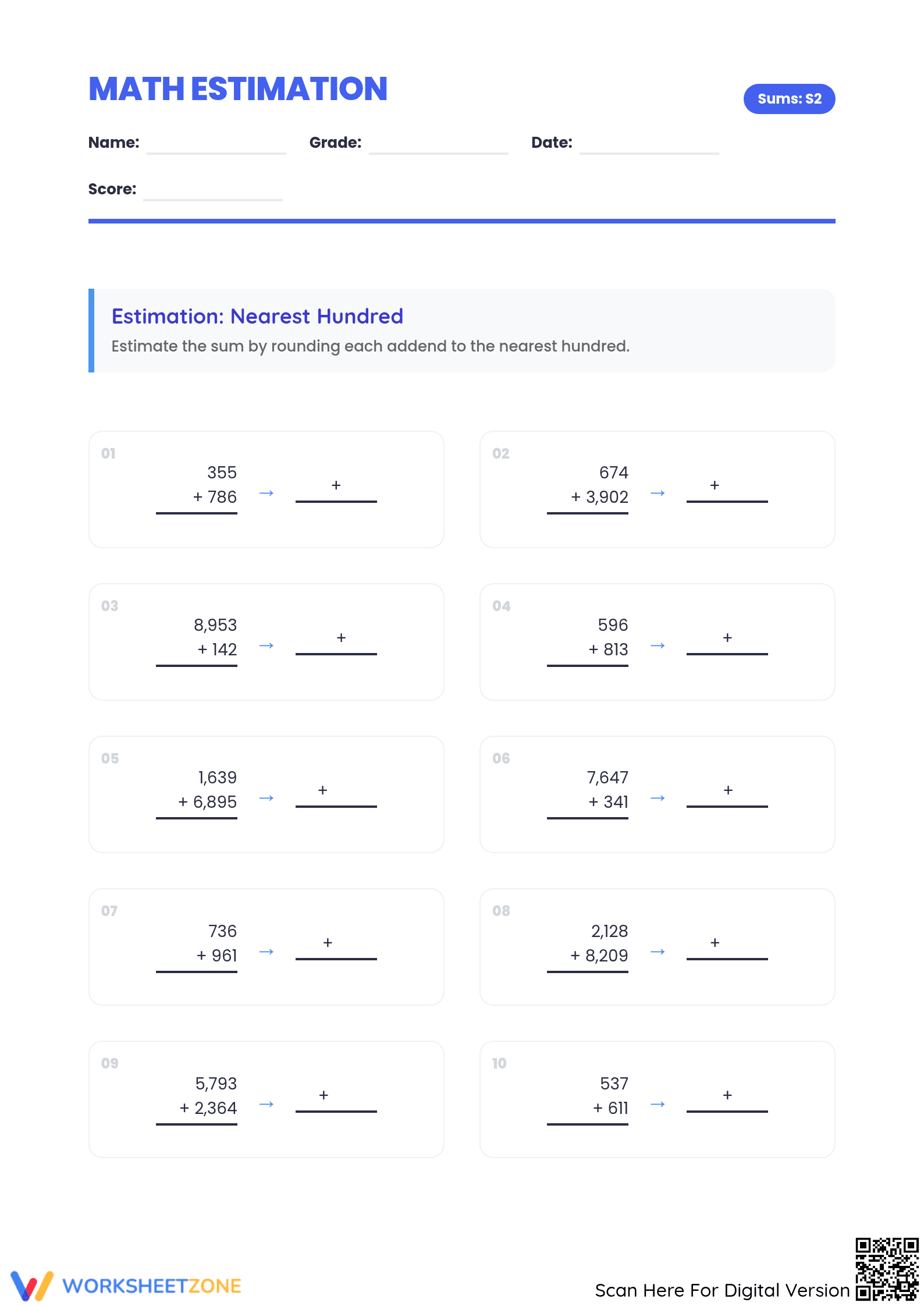 Printable Estimating Sums to Nearest Hundred | Grade 3-4 - Page 1