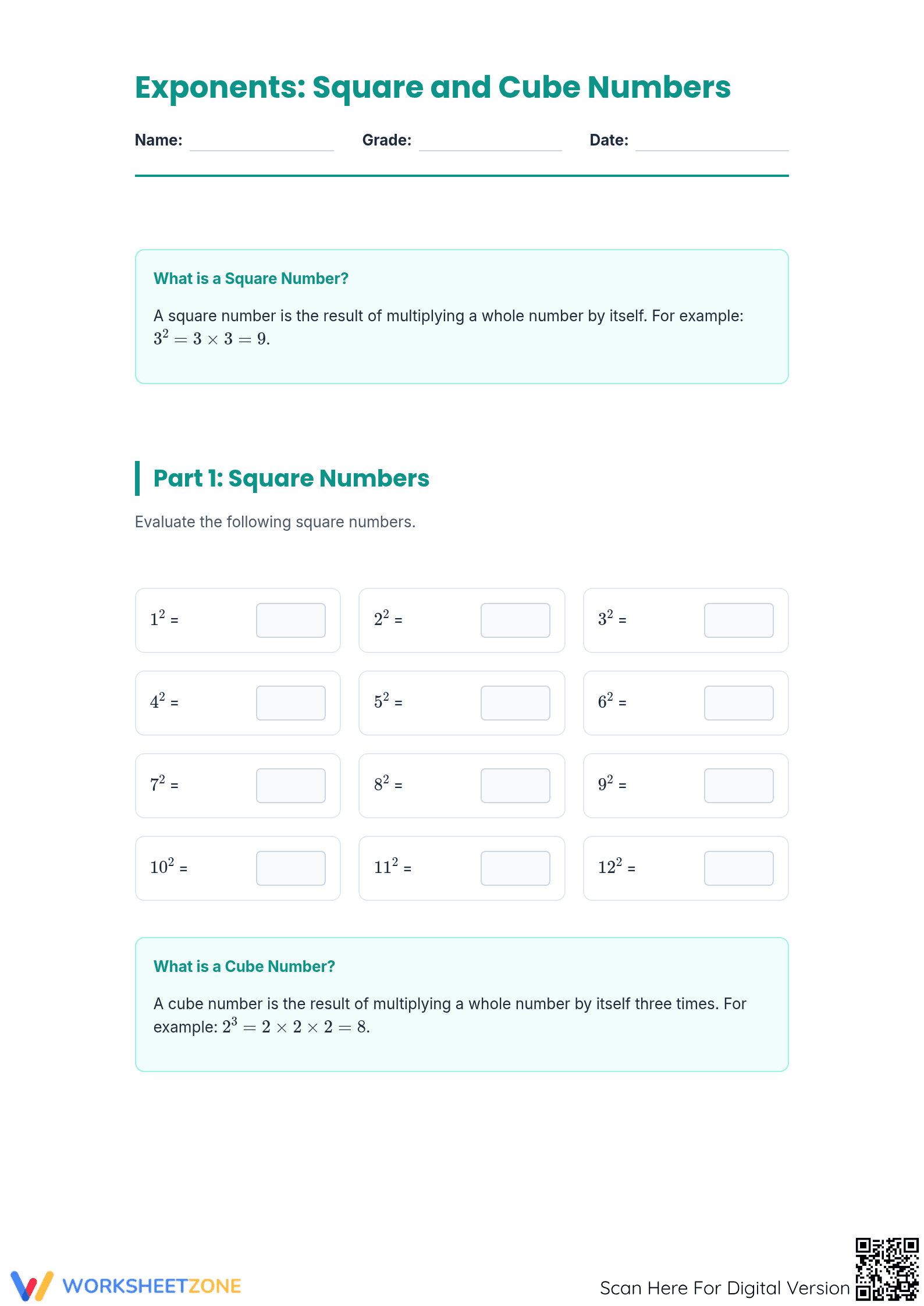 Essential Exponents: Square and Cube Numbers | Grade 6-8 - Page 1
