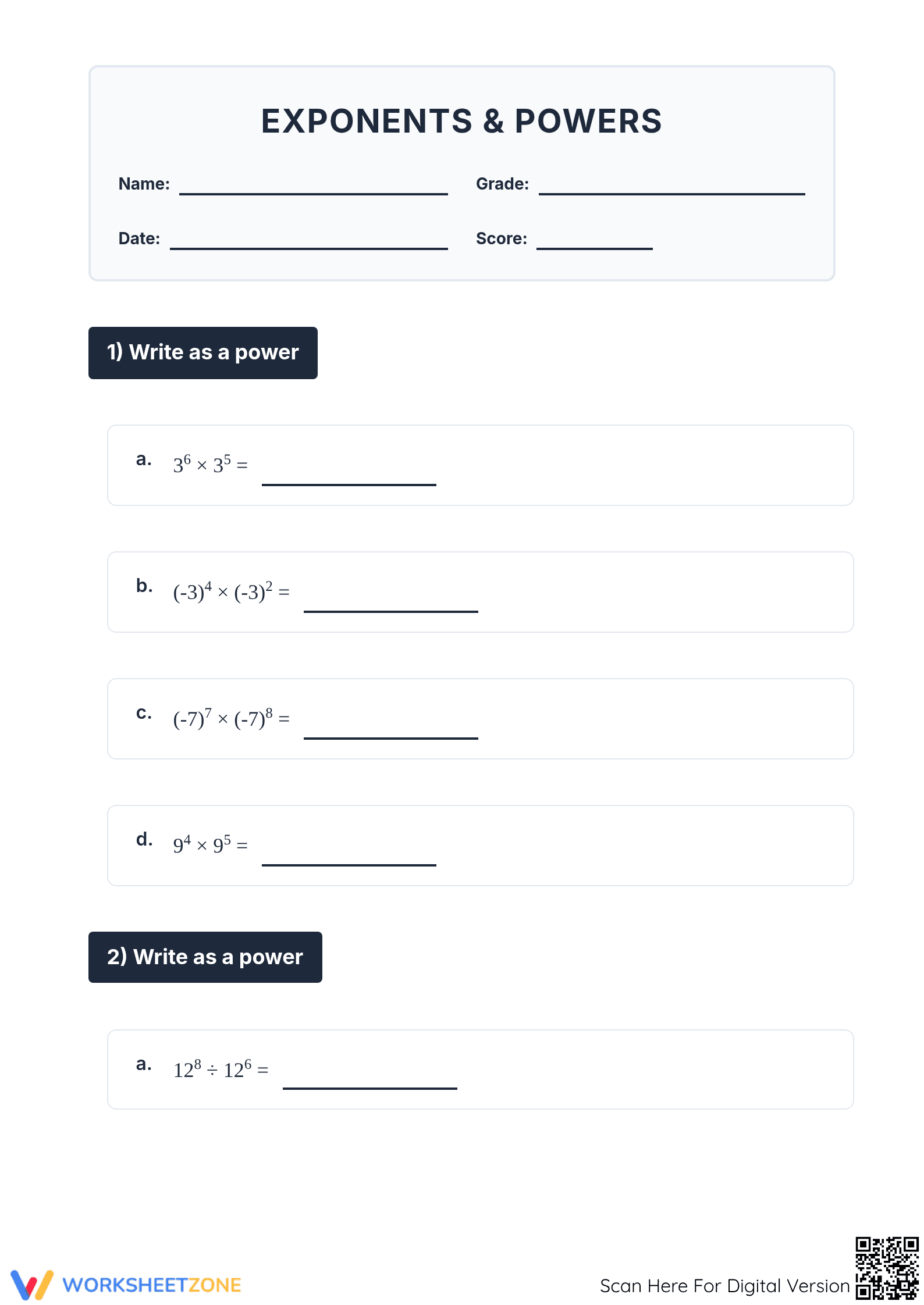 Printable Properties of Exponents Worksheet | Grade 8 Math - Page 1