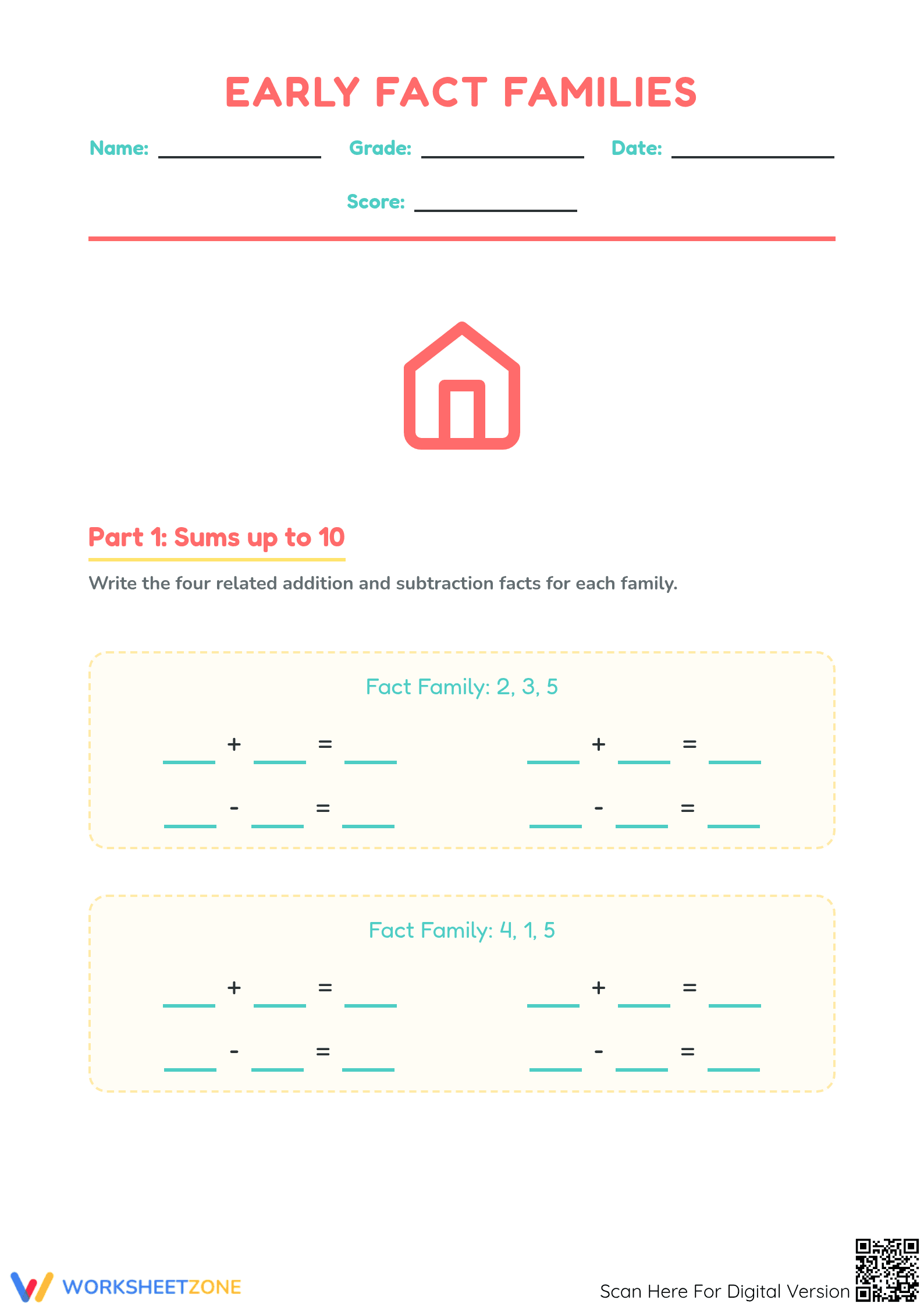 Printable Fact Families Worksheet | Grade 1 Math - Page 1