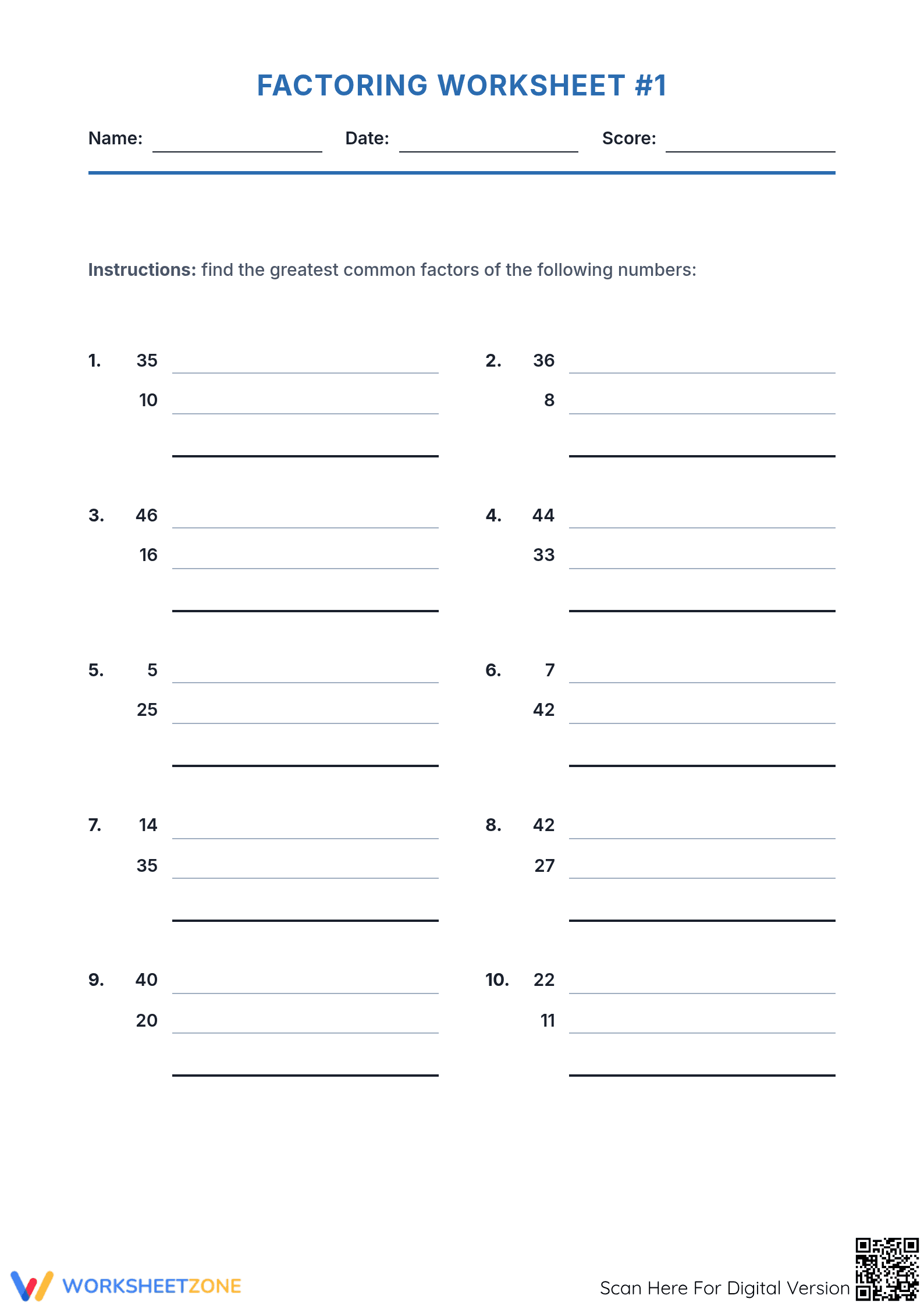 Printable Factoring Worksheet | Grade 6 Math - Page 1