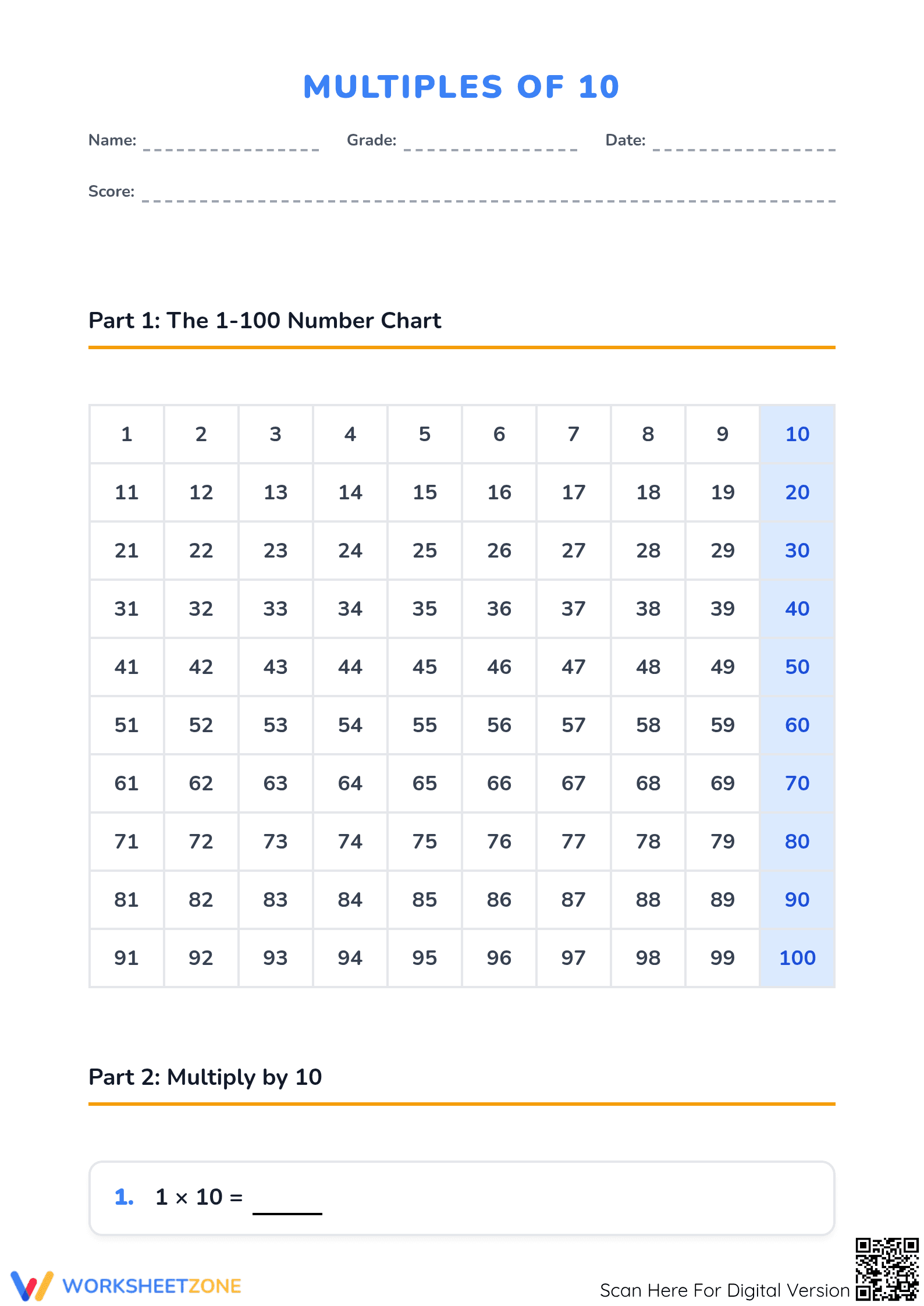 Grade 3 Multiples of 10 — Printable No-Prep Worksheet - Page 1