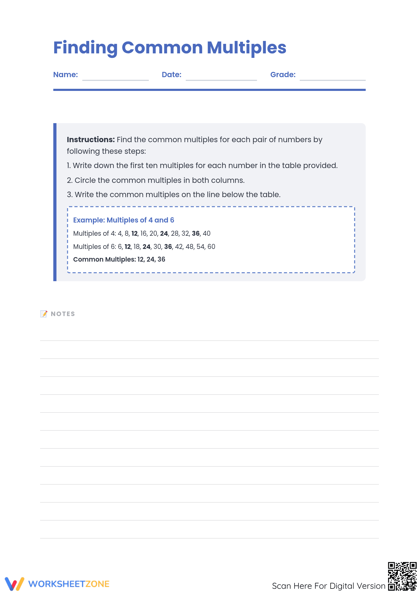 Common Multiples Worksheet | Grade 6 Math Essential - Page 1