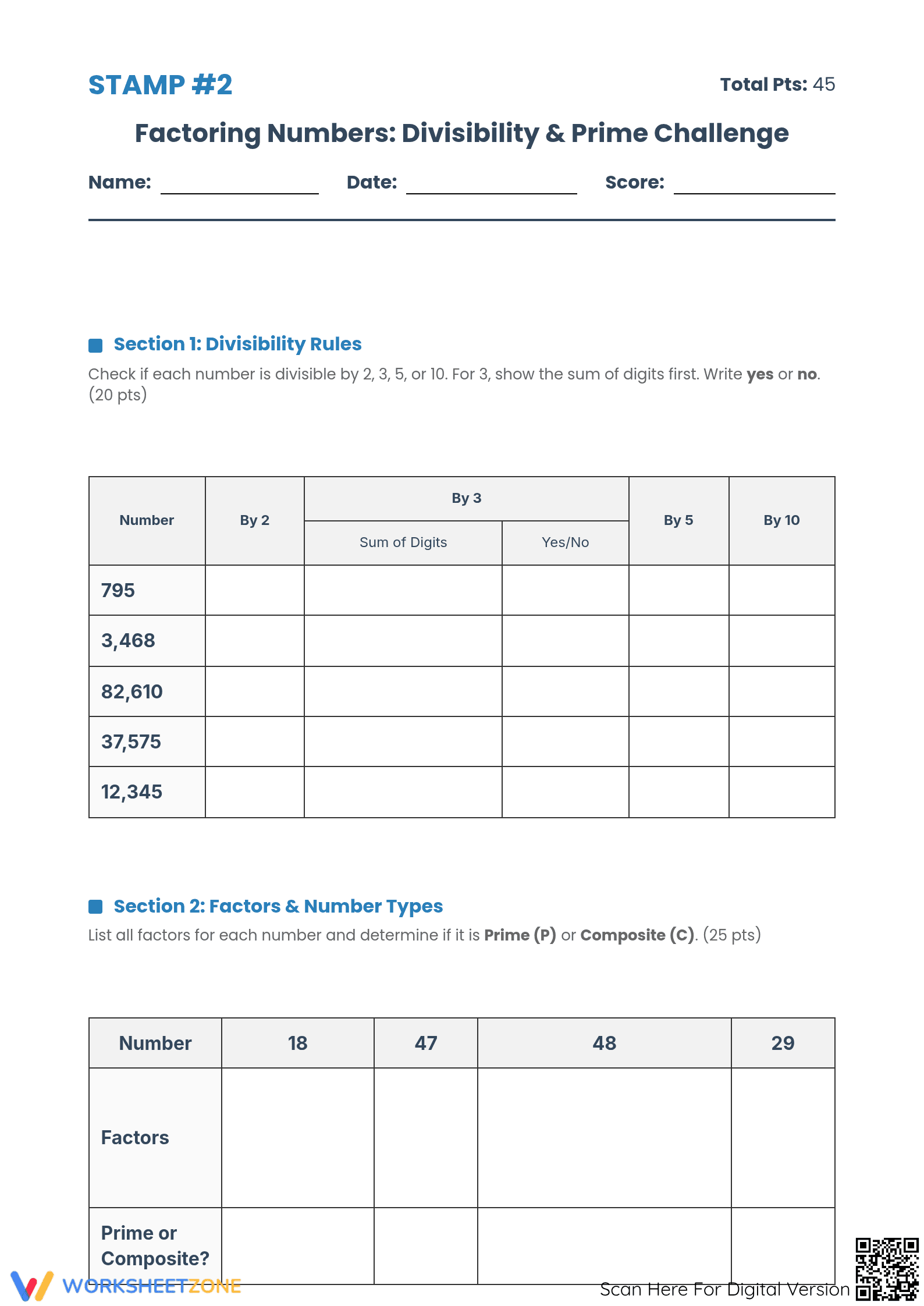 Printable Factoring Numbers Worksheet | Grade 6 Math - Page 1