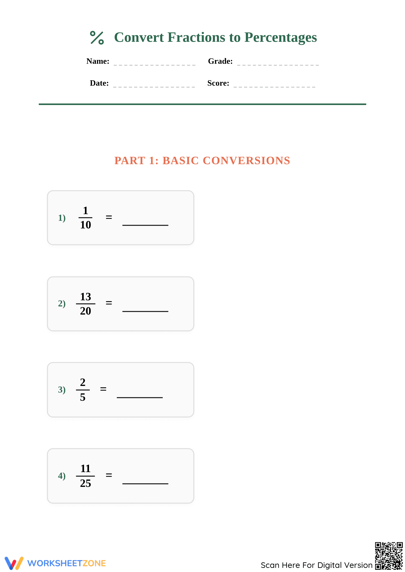 Grade 7 Convert Fractions to Percents — No-Prep Guide - Page 1