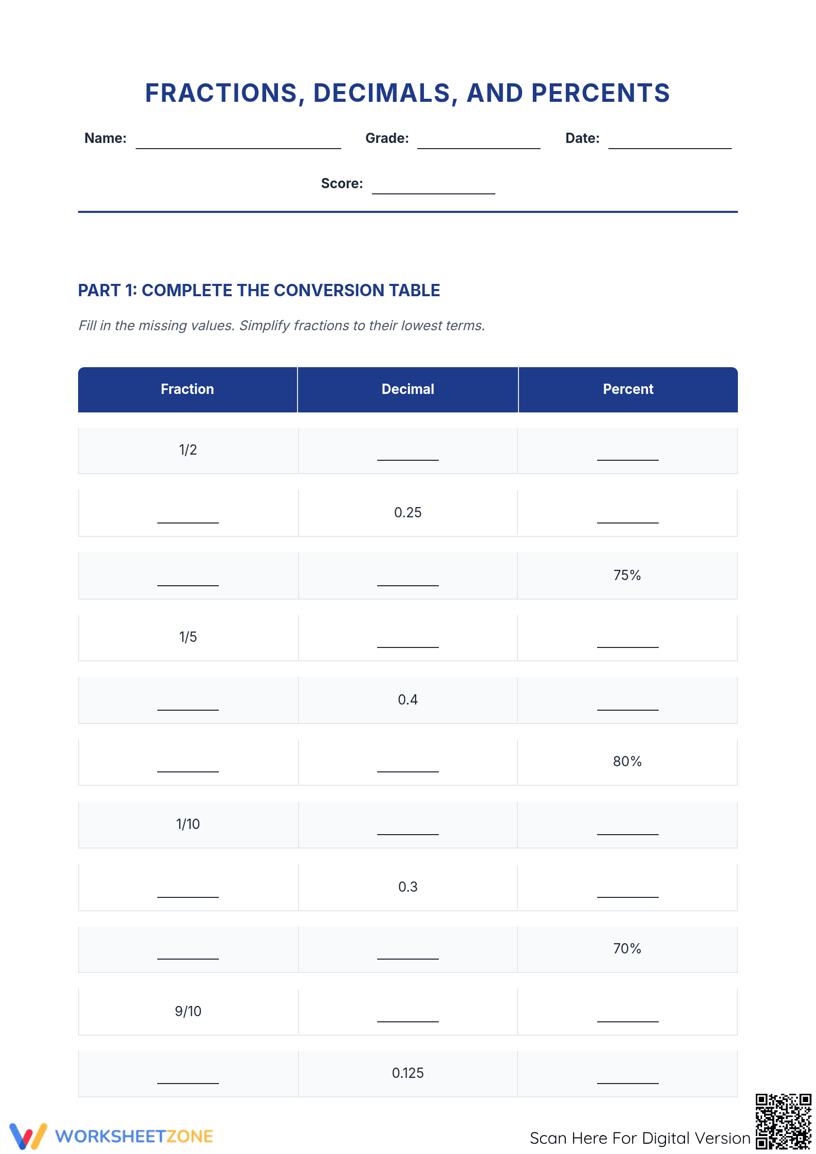 Grade 7 Fraction Conversion — Printable No-Prep Worksheet - Page 1