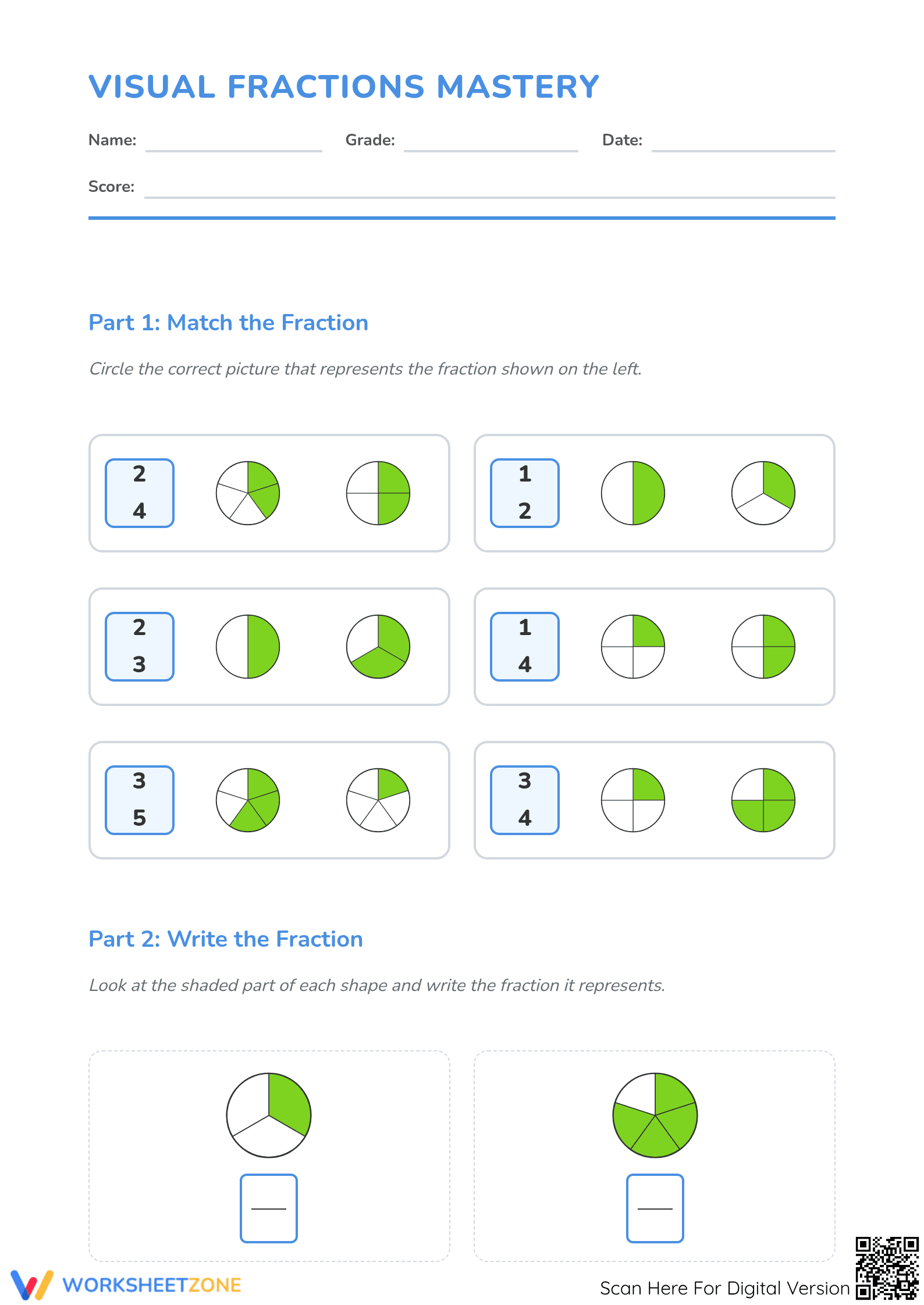 Visual Fractions Printable Worksheet | Grade 3 Math - Page 1