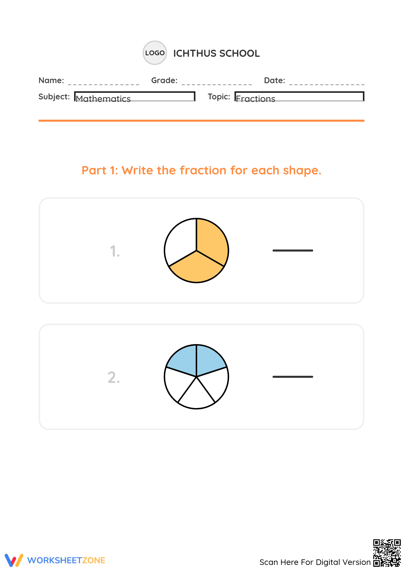Grade 2 Fractions — Printable No-Prep Worksheet - Page 1