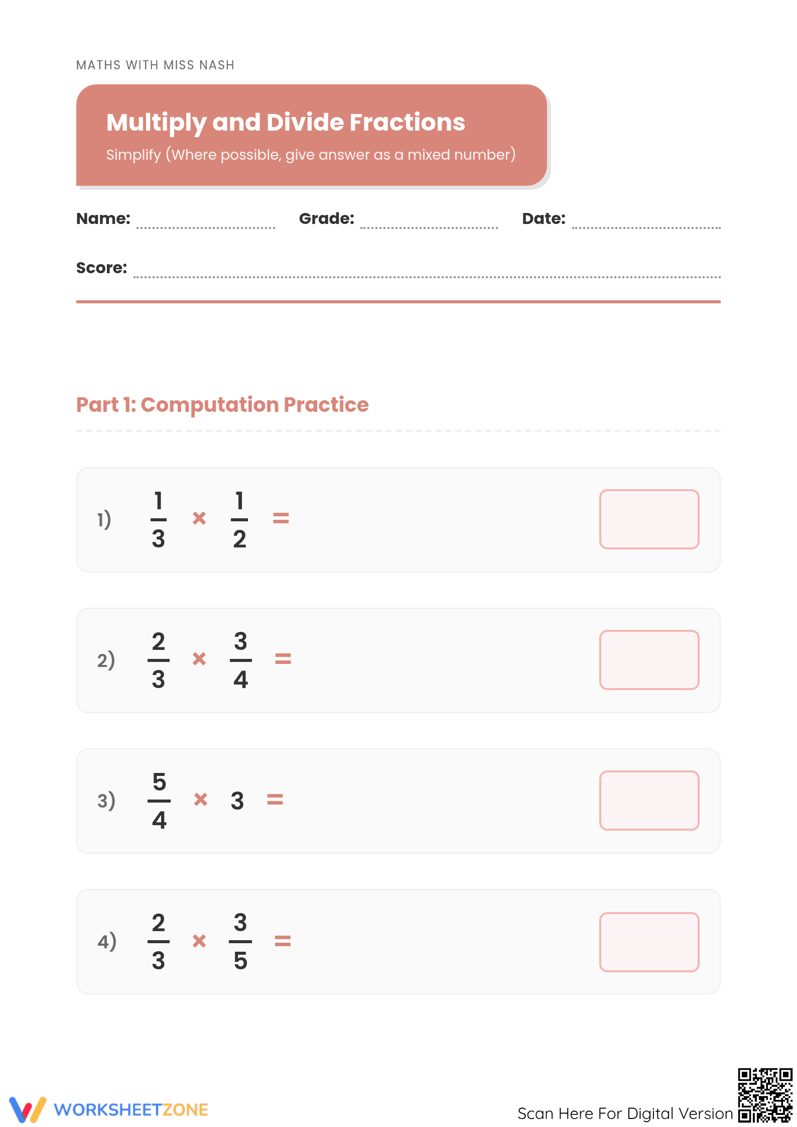 Grade 5 Fraction Operations — Printable No-Prep Worksheet - Page 1