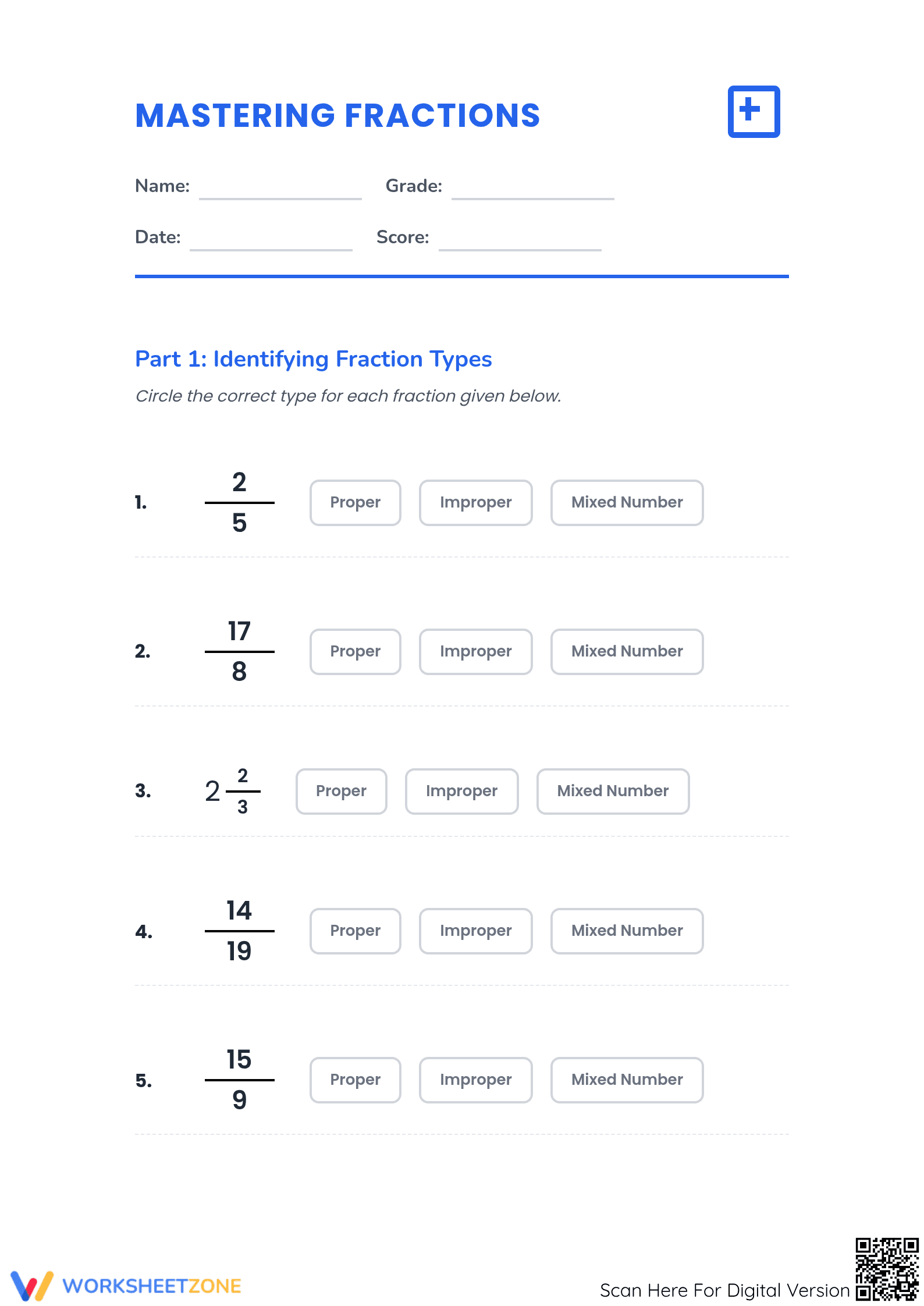 Printable Types of Fractions Worksheet | Grade 4 Math - Page 1