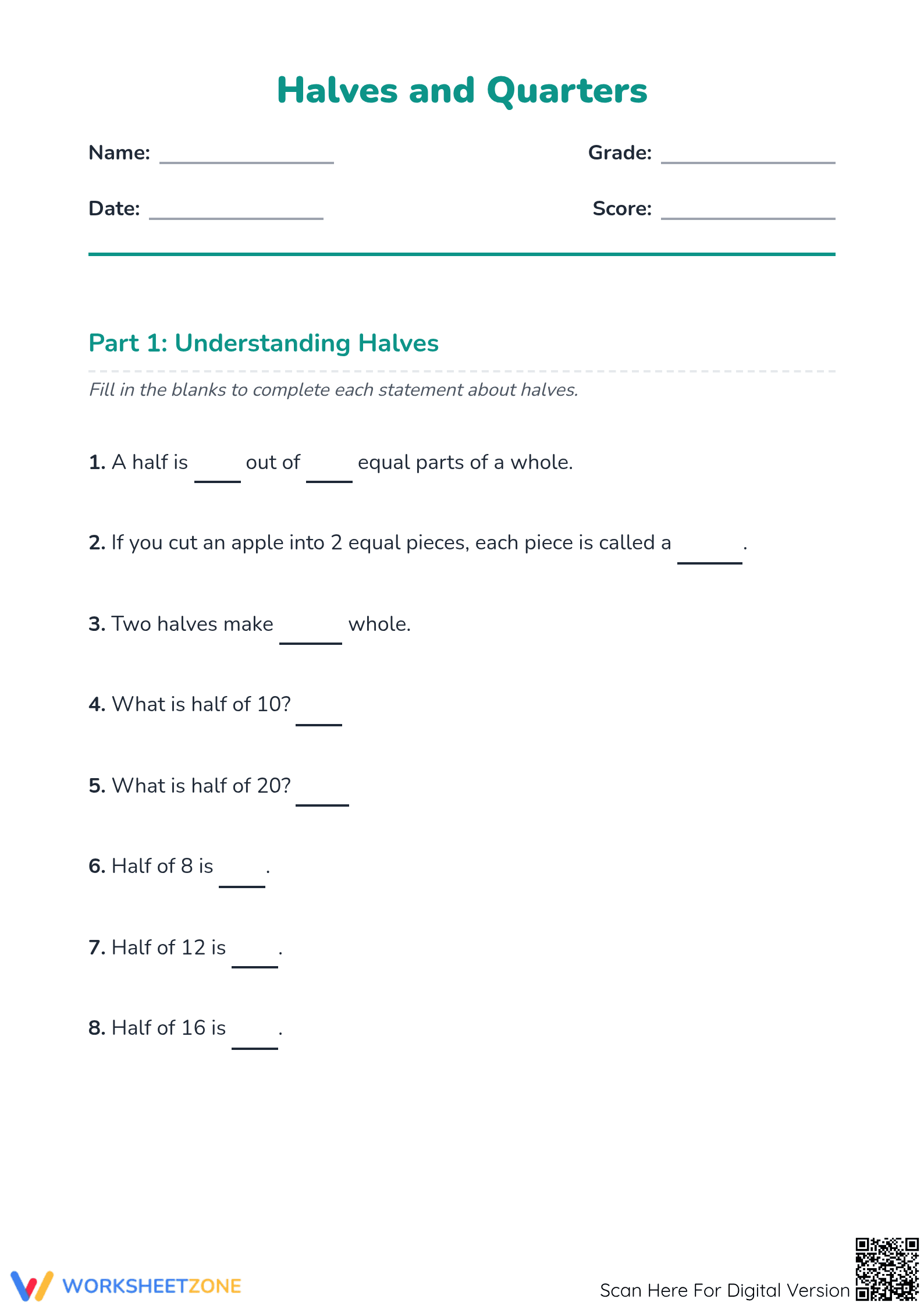 Grade 2 Fractions — Printable No-Prep Worksheet - Page 1